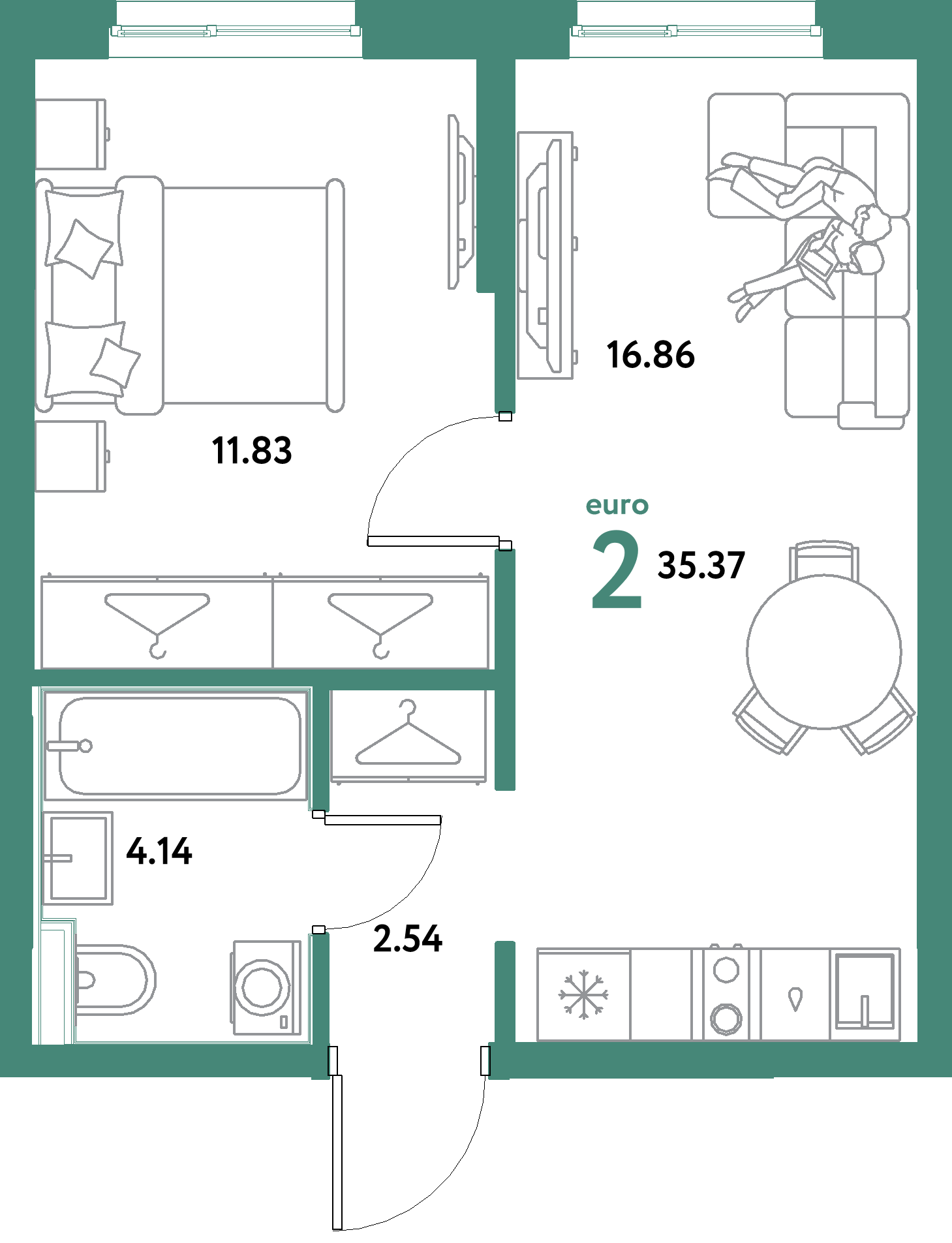 ЖК "Остров-сад"-2-комнатная 35.37 м²
