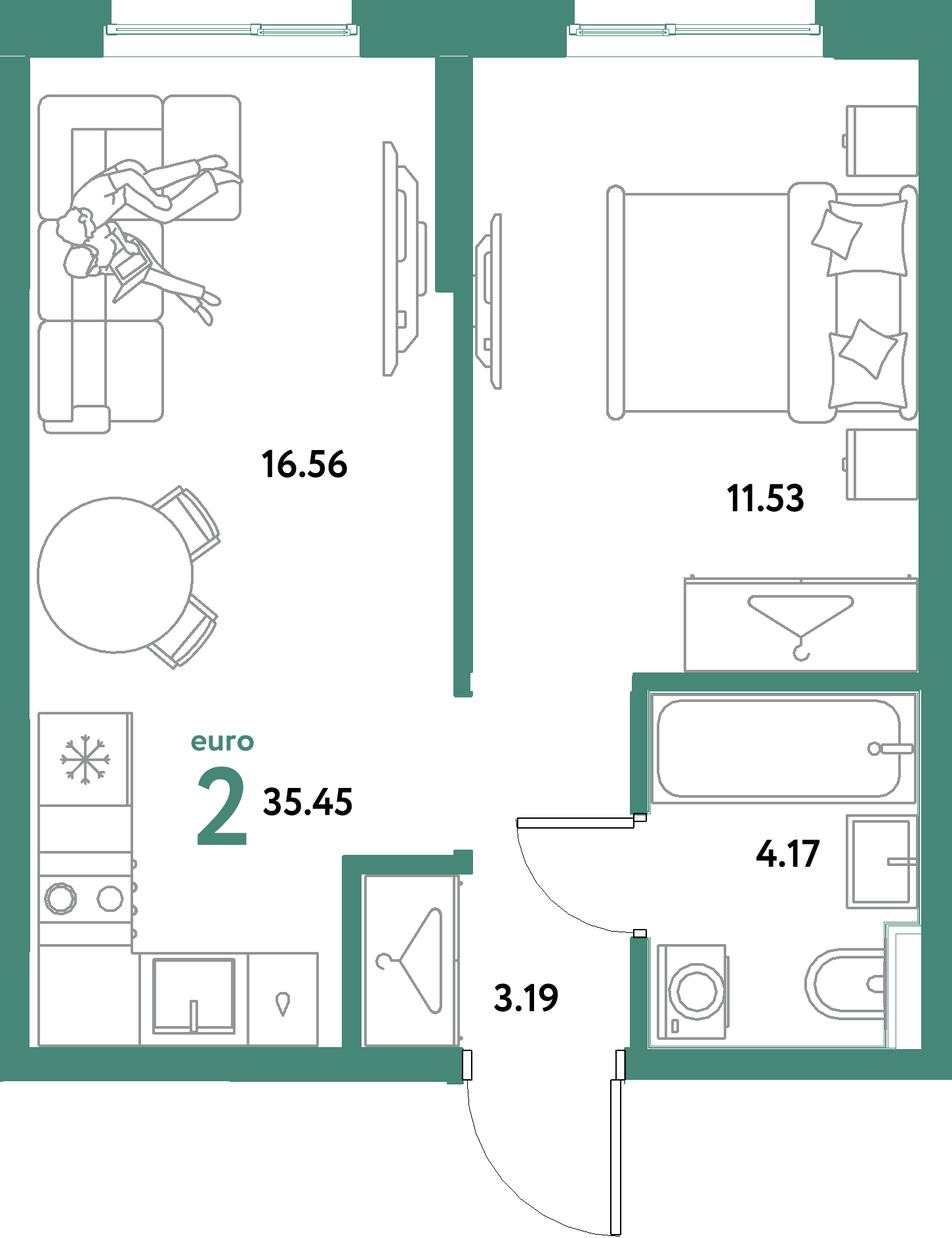 ЖК "Остров-сад"-2-комнатная 35.45 м²