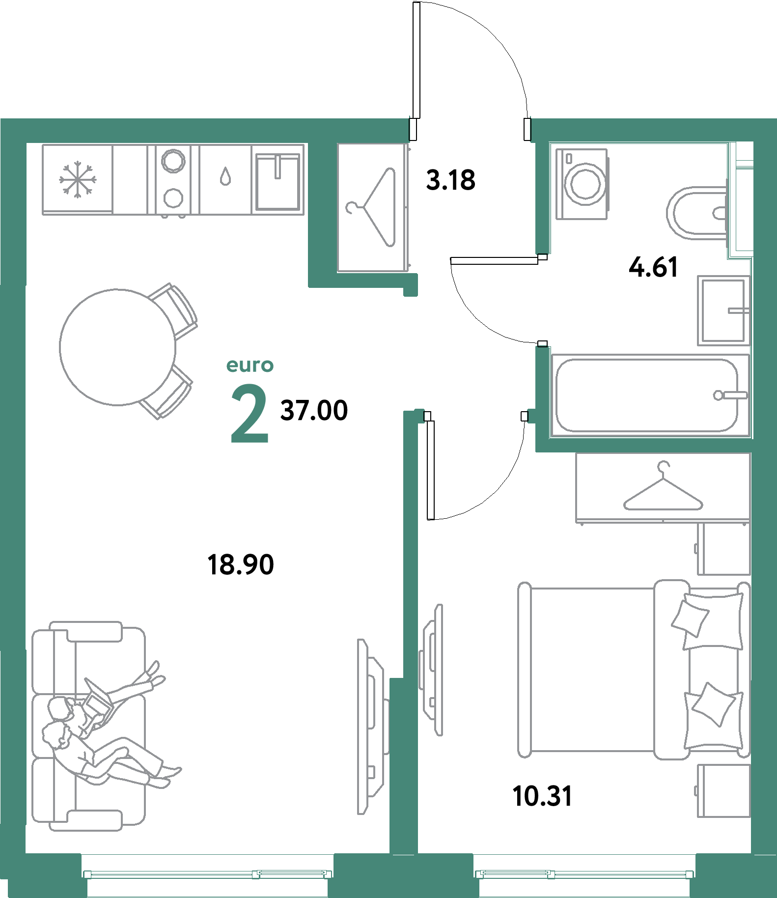 ЖК "Остров-сад"-2-комнатная 37 м²