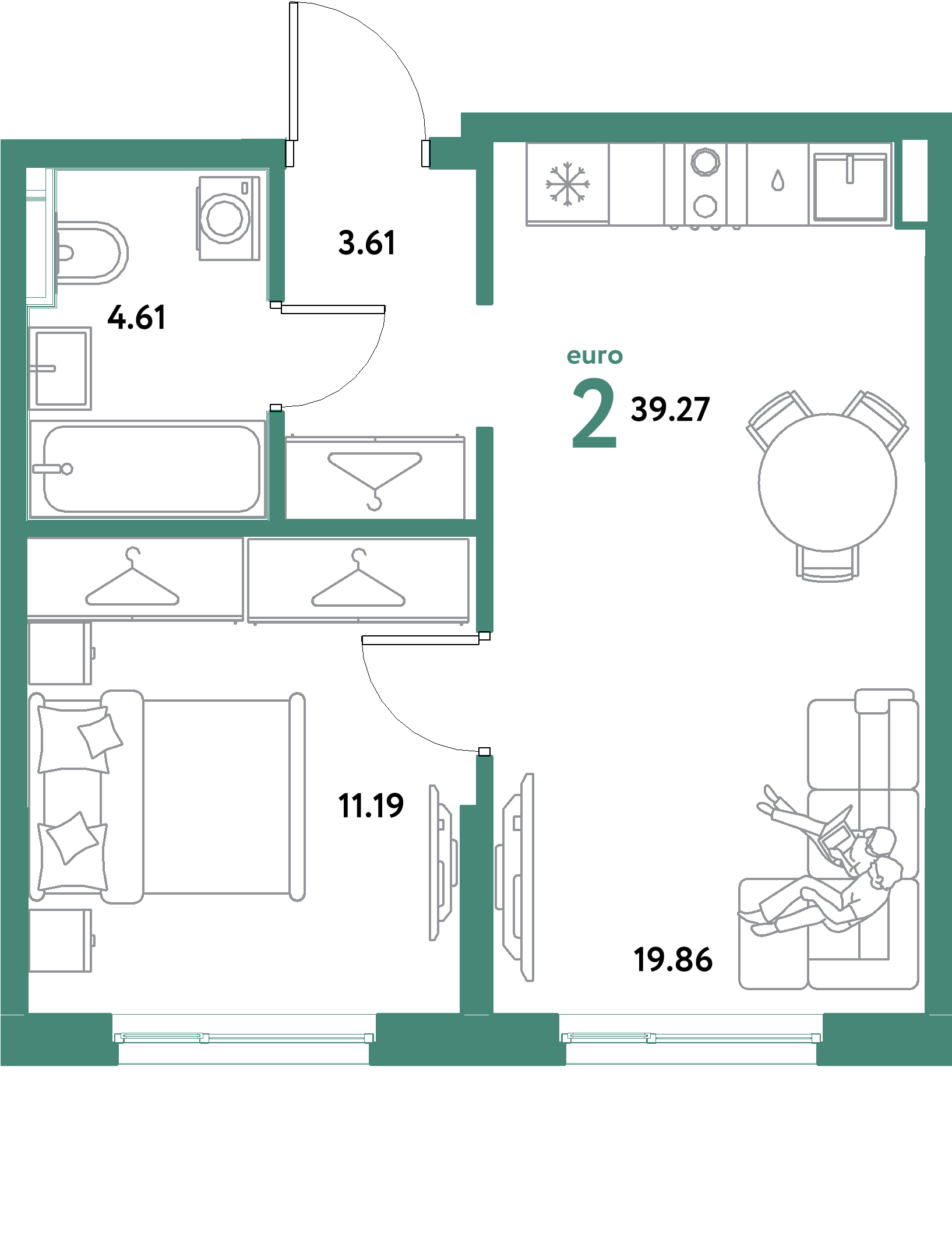 ЖК "Остров-сад"-2-комнатная 39.27 м²