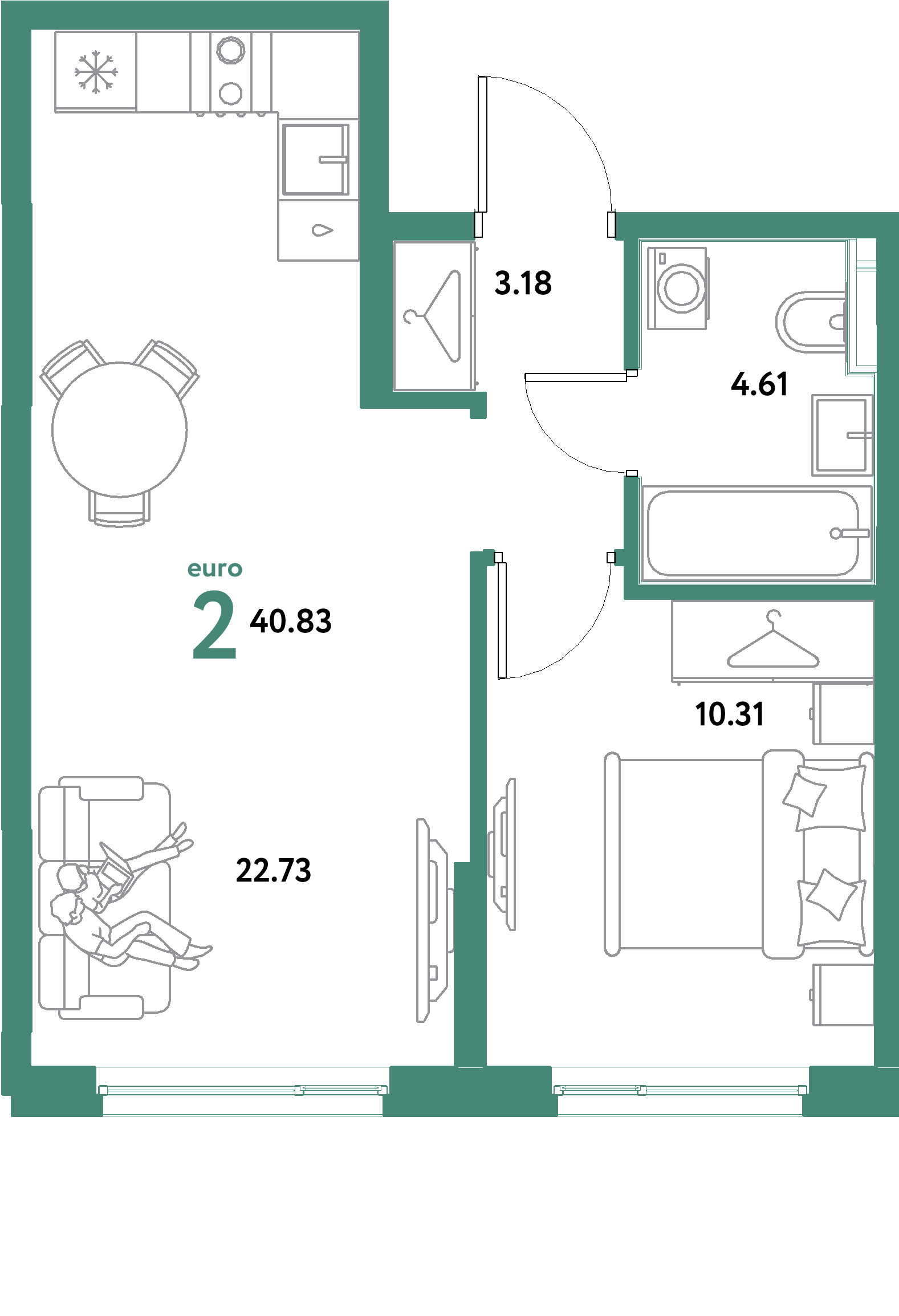 ЖК "Остров-сад"-2-комнатная 40.83 м²