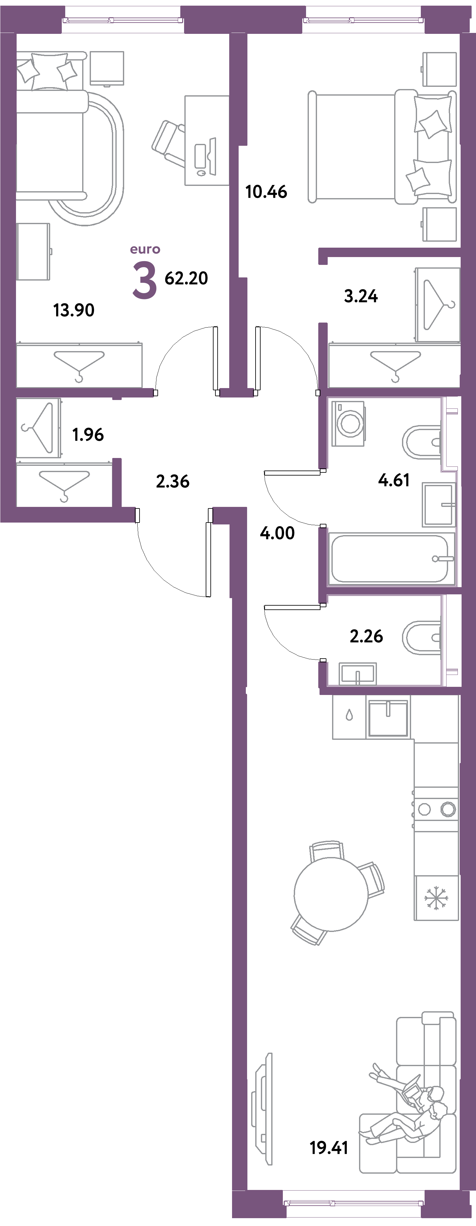 ЖК "Остров-сад"-3-комнатная 62.2 м²