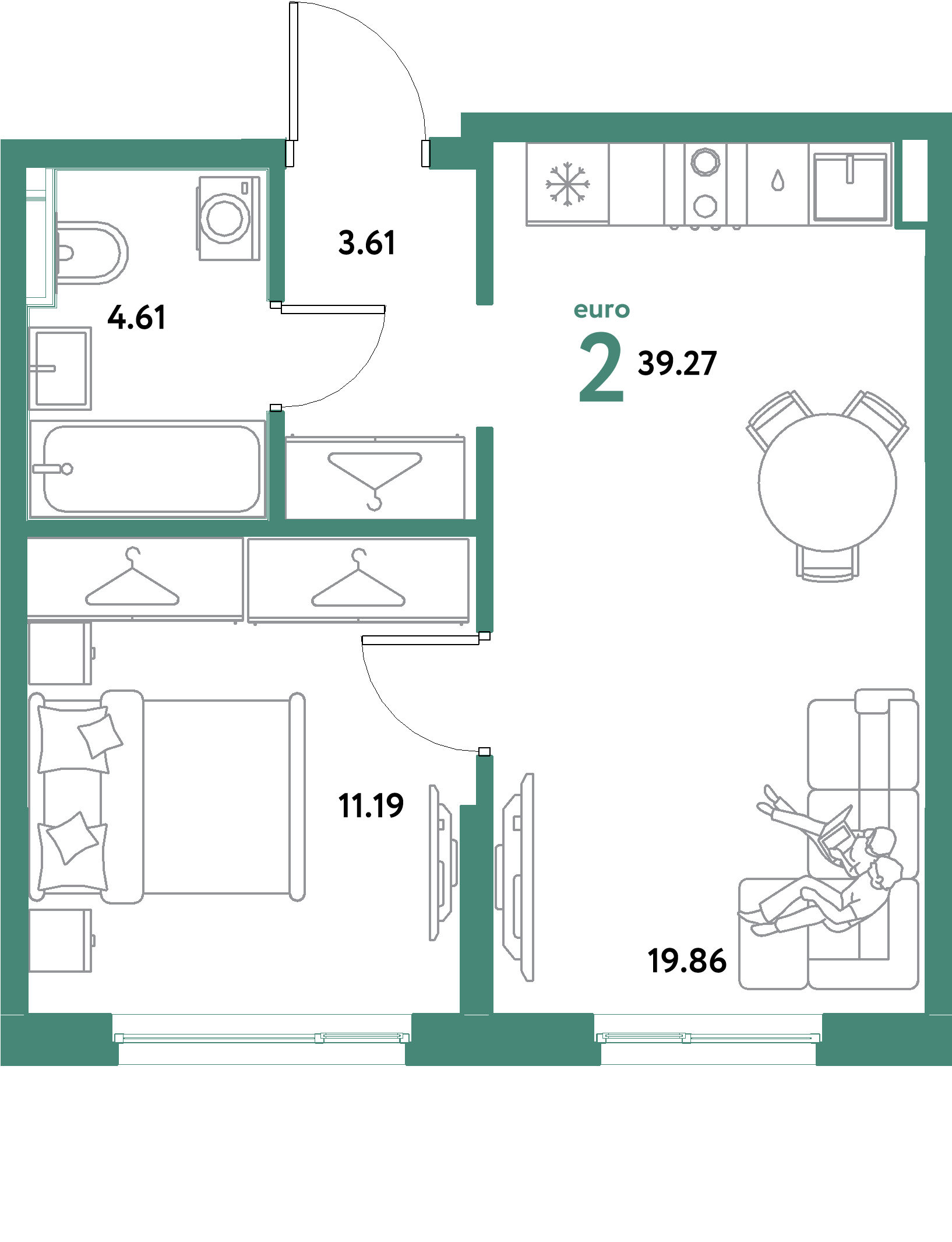 ЖК "Остров-сад"-2-комнатная 39.27 м²