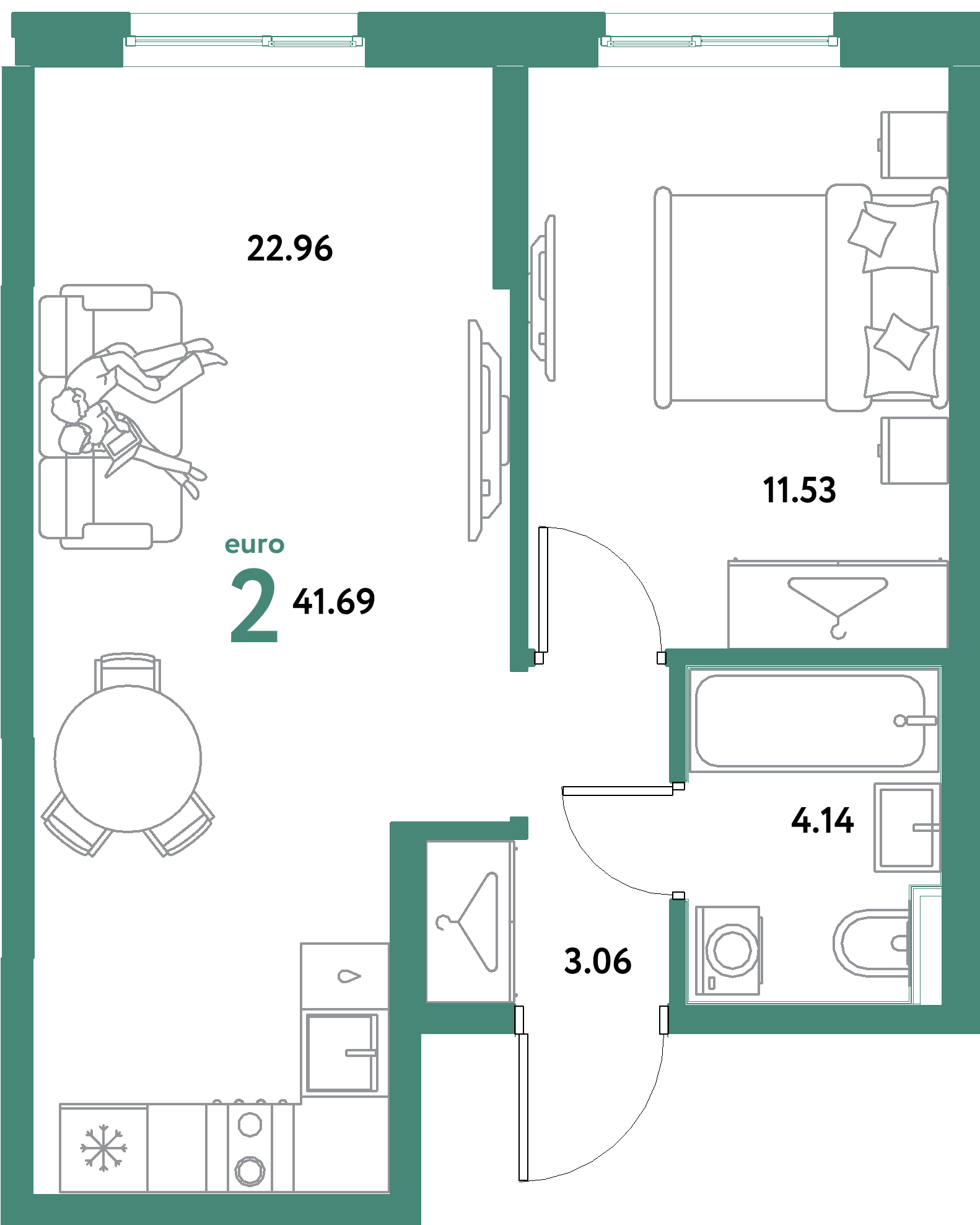 ЖК "Остров-сад"-2-комнатная 41.69 м²