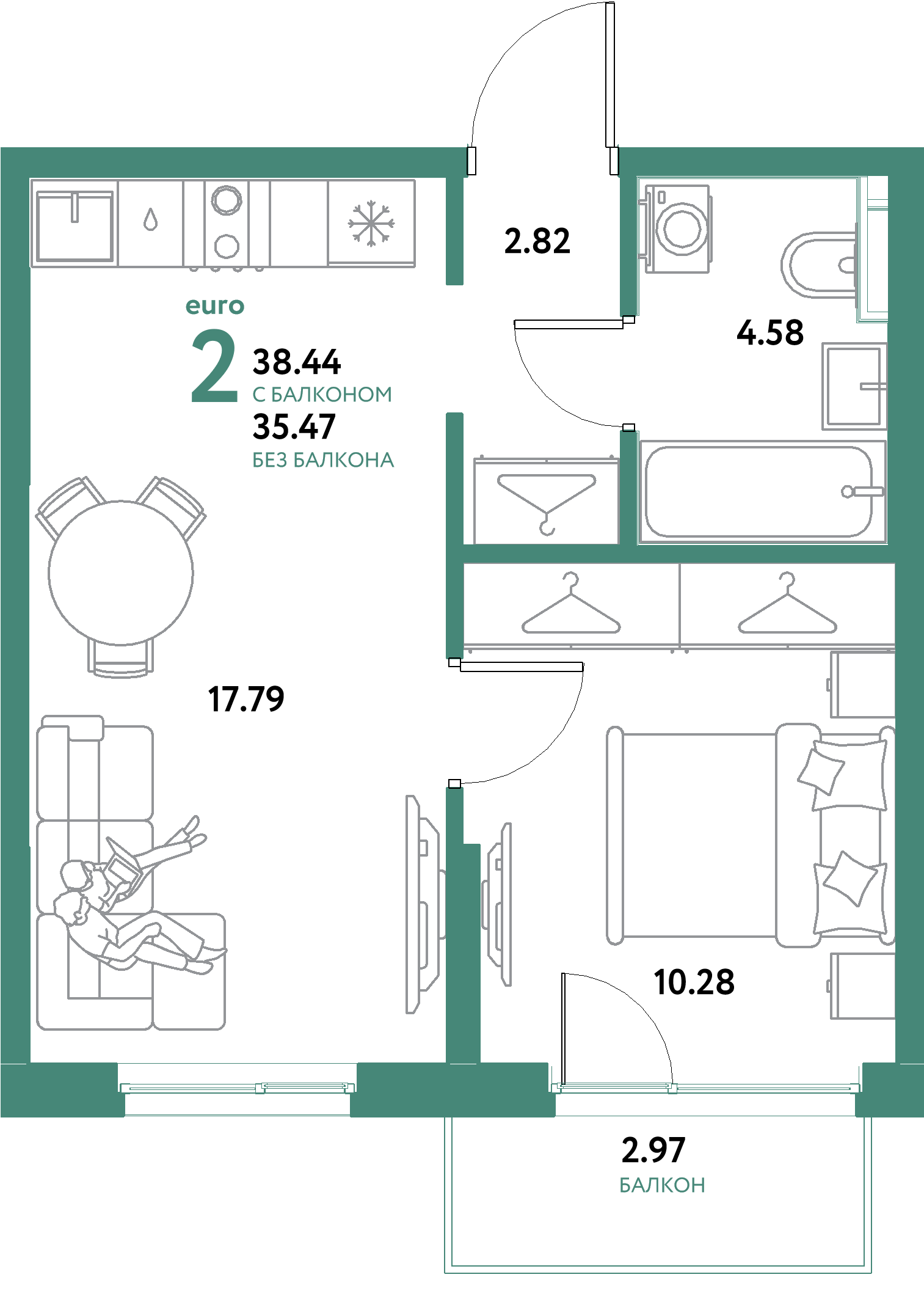 ЖК "Остров-сад"-2-комнатная 38.44 м²