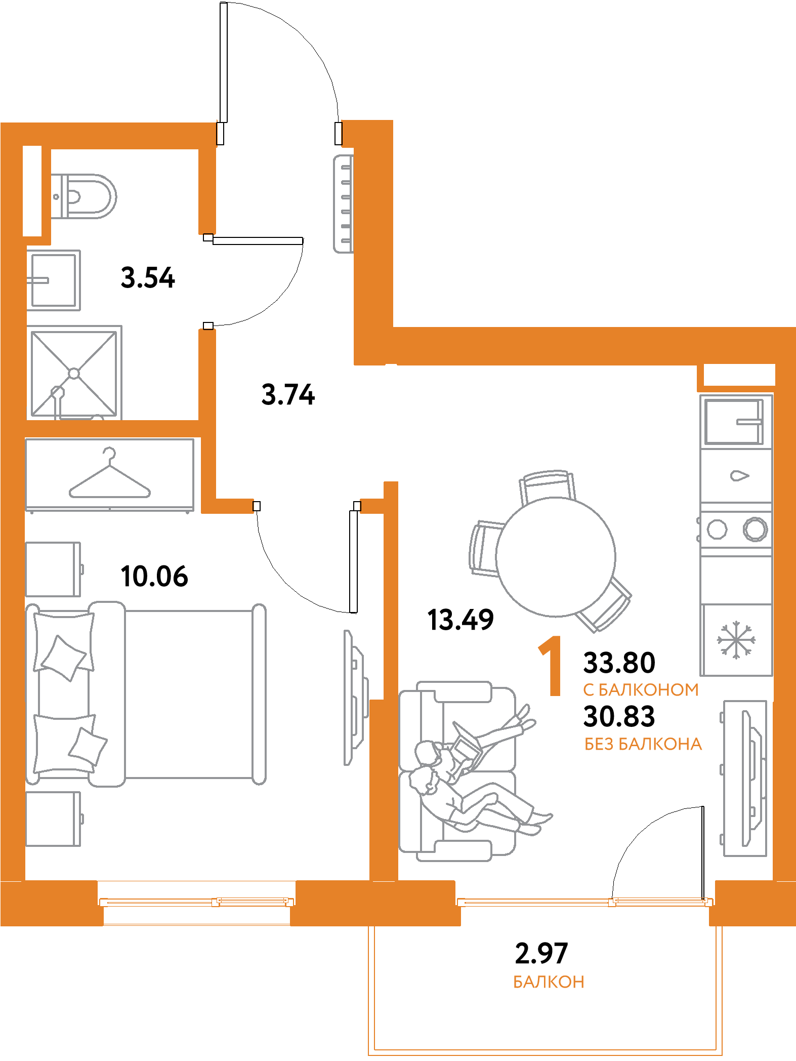 ЖК "Остров-сад"-1-комнатная 33.8 м²