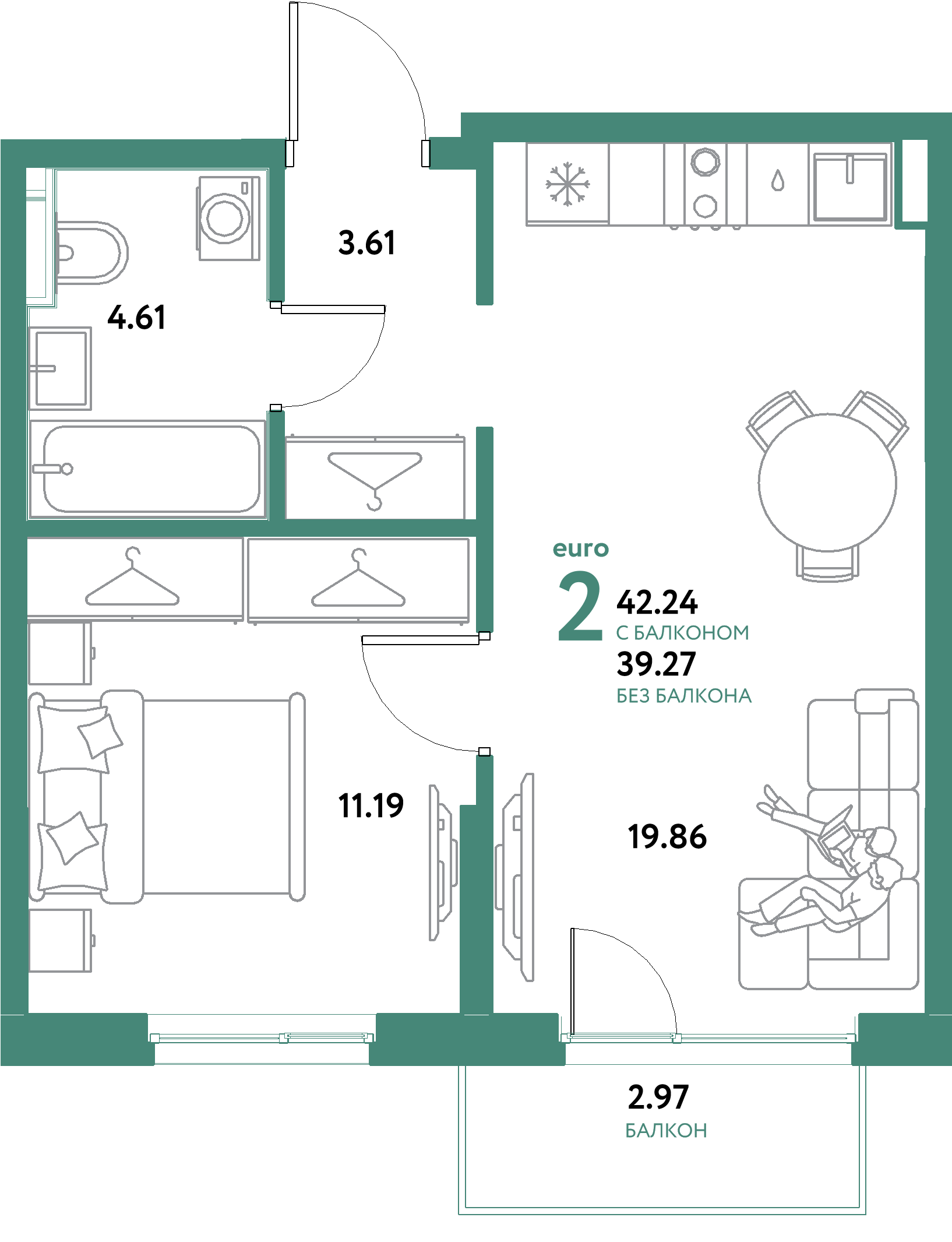 ЖК "Остров-сад"-2-комнатная 42.24 м²