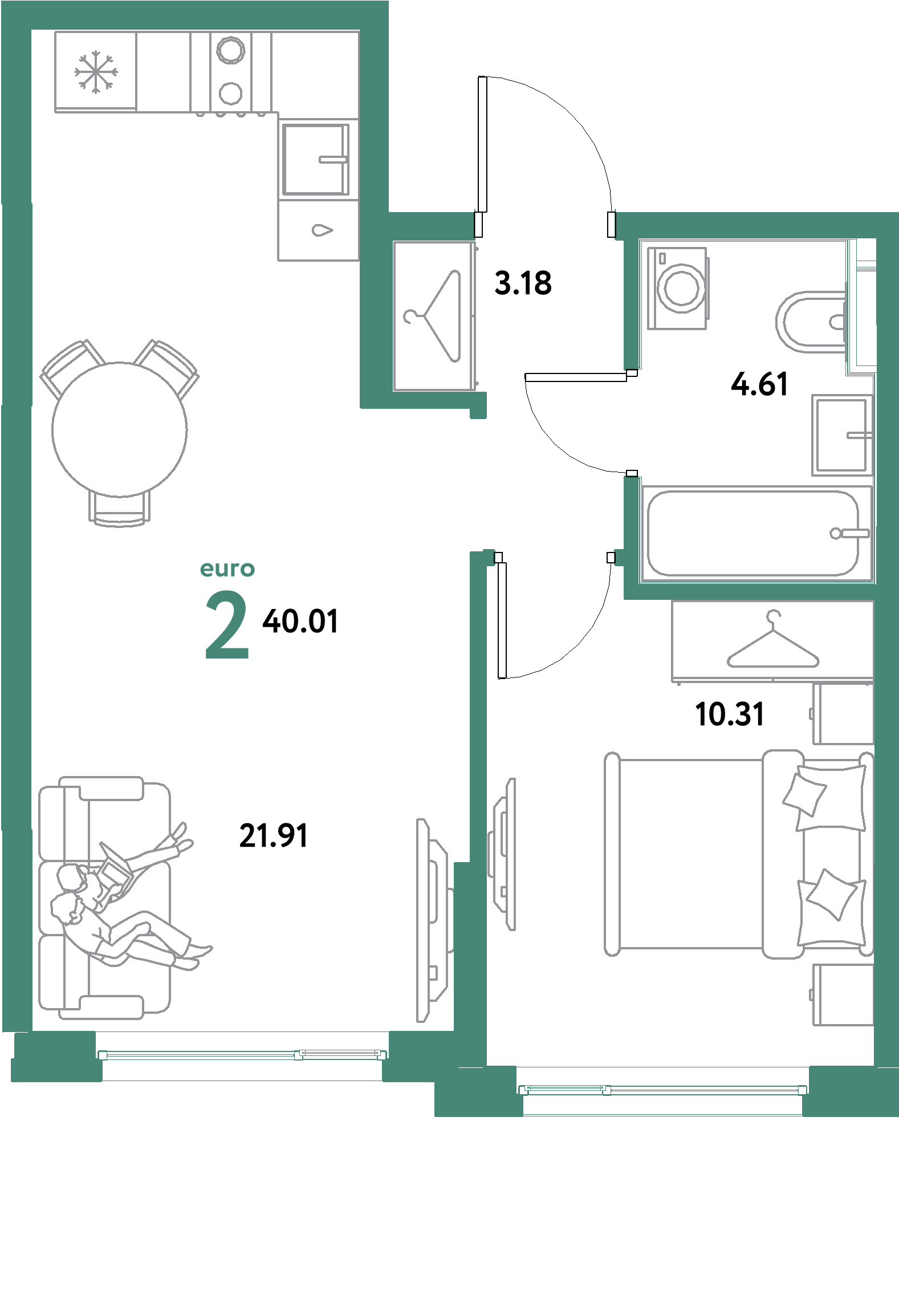ЖК "Остров-сад"-2-комнатная 40.01 м²