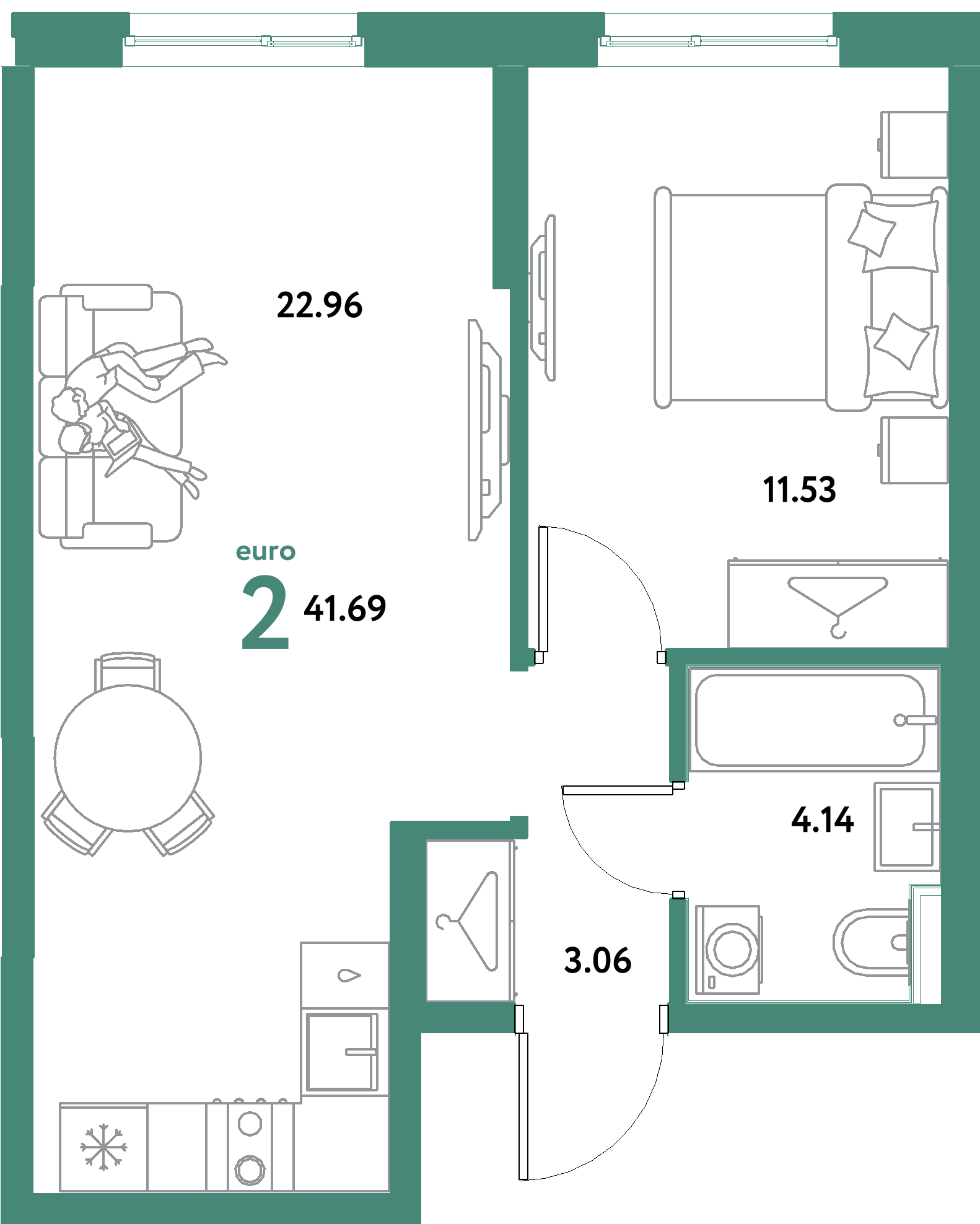 ЖК "Остров-сад"-2-комнатная 41.69 м²