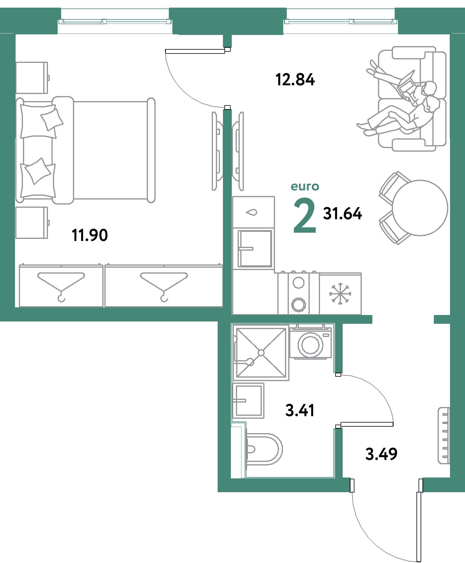 ЖК "Остров-сад"-2-комнатная 31.64 м²