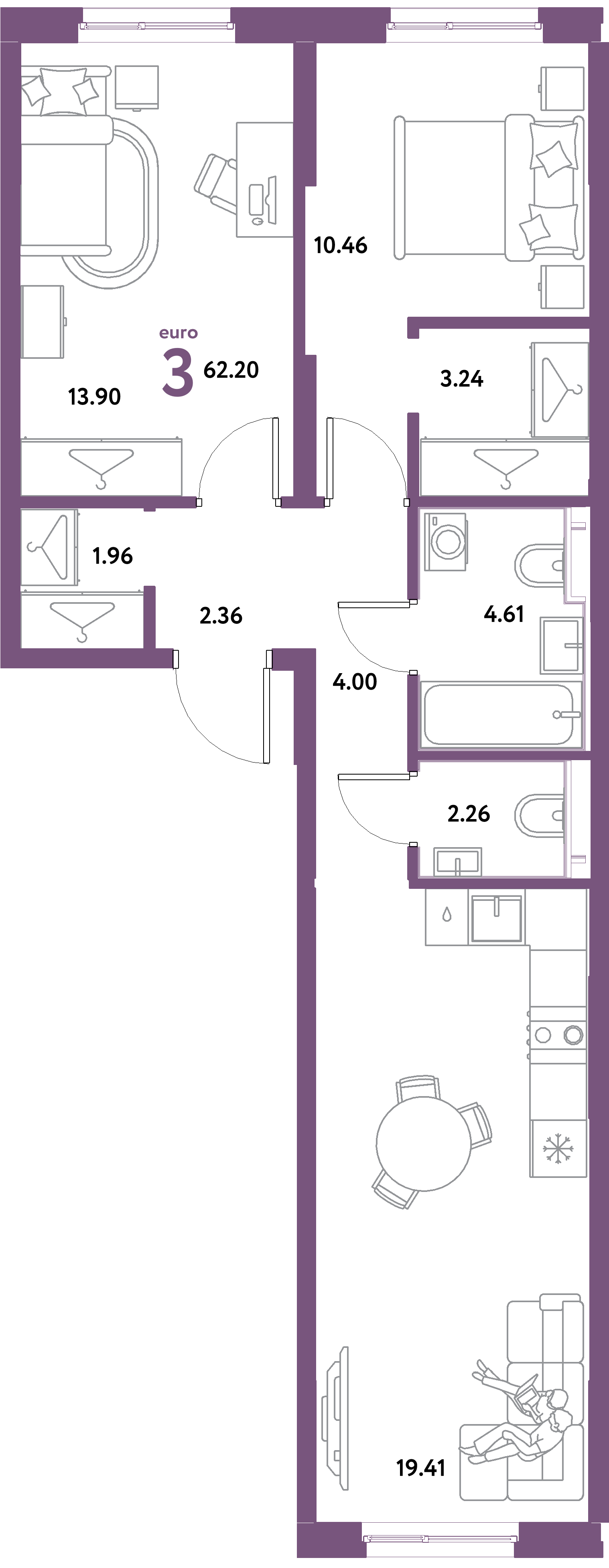 ЖК "Остров-сад"-3-комнатная 62.2 м²