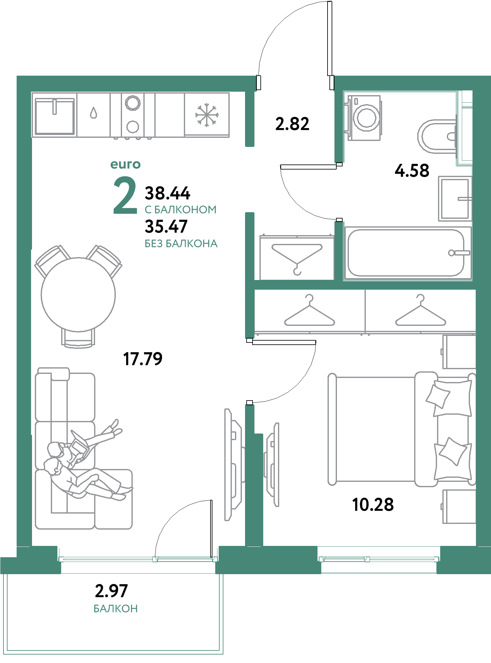 ЖК "Остров-сад"-2-комнатная 38.44 м²