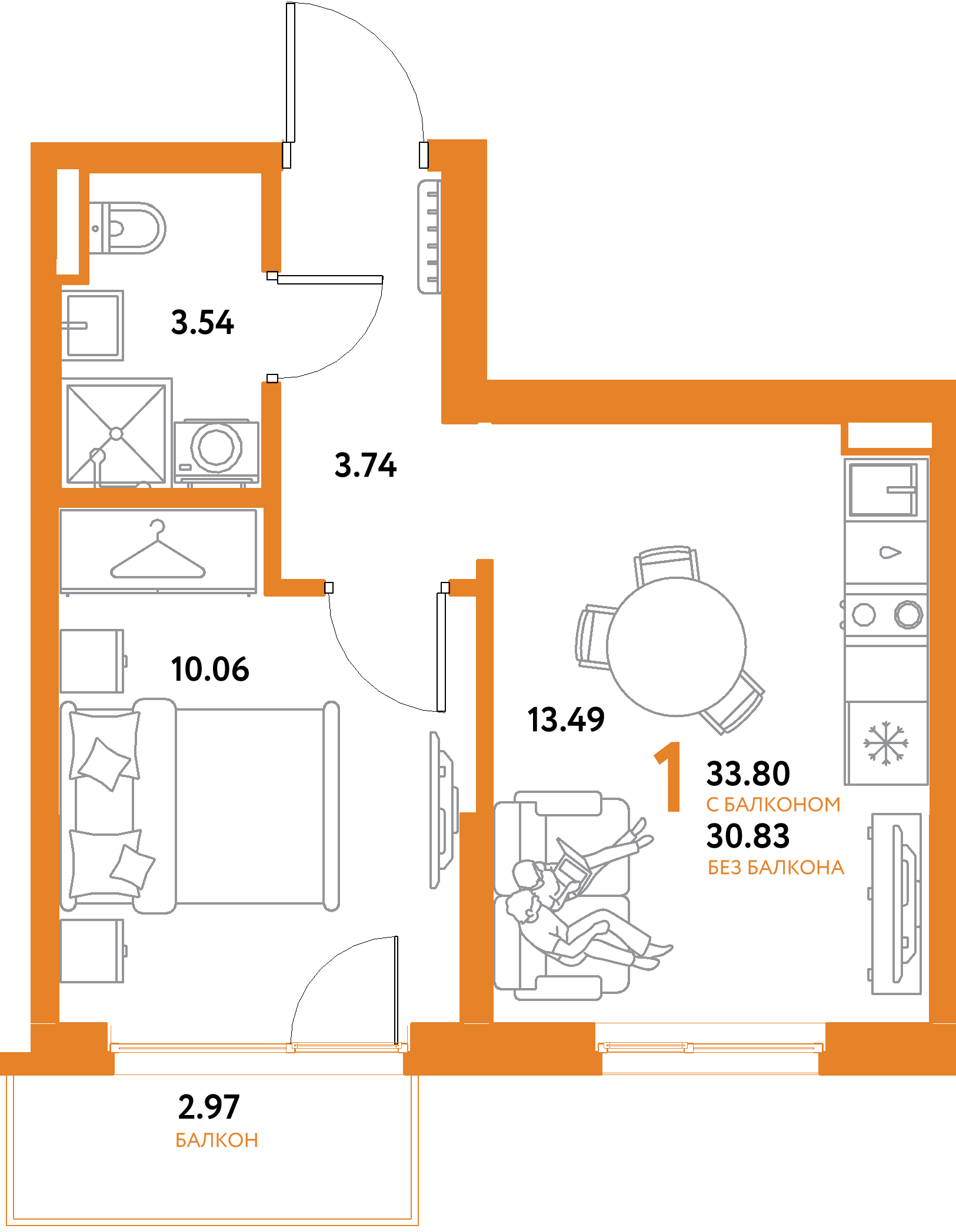 ЖК "Остров-сад"-1-комнатная 33.8 м²