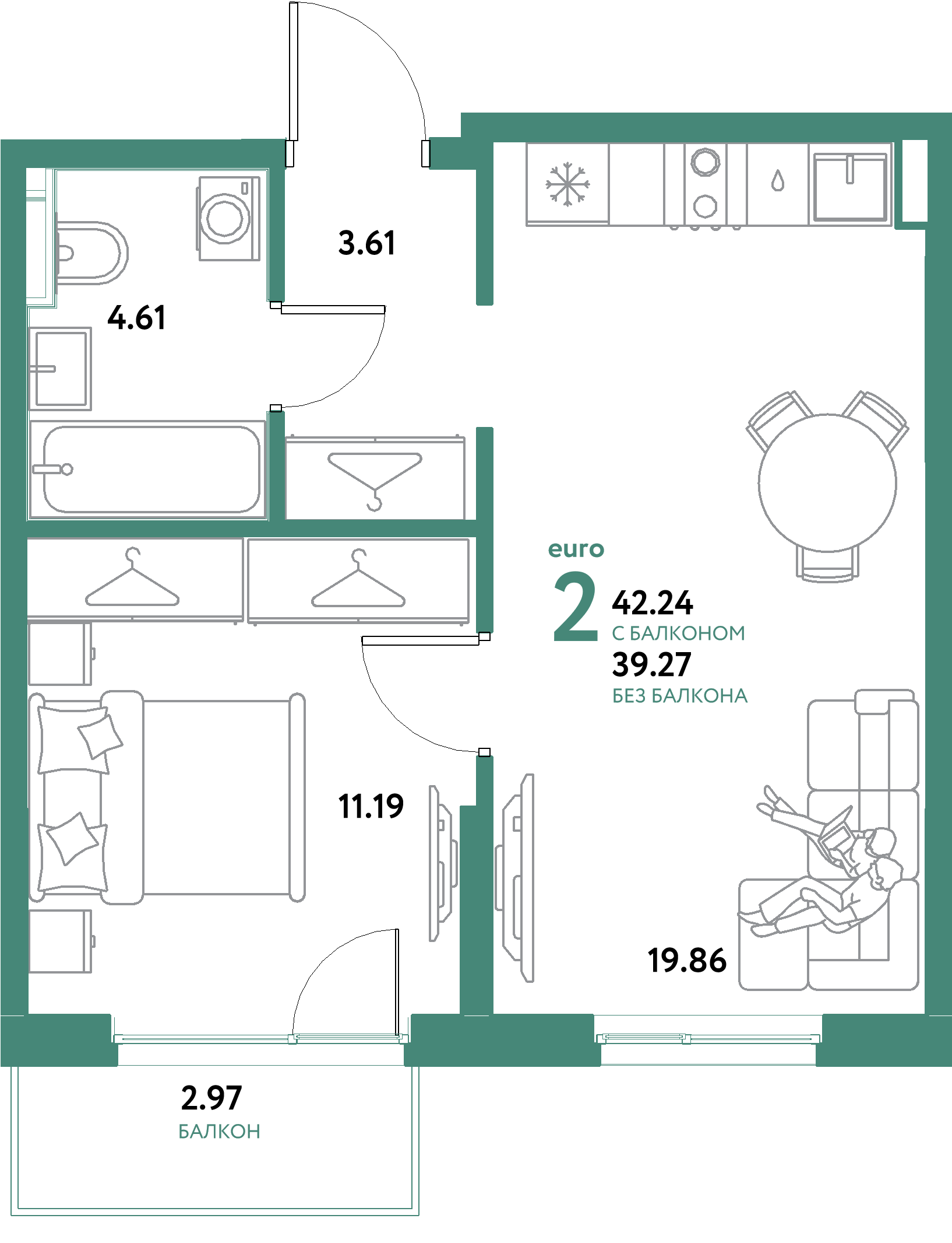 ЖК "Остров-сад"-2-комнатная 42.24 м²