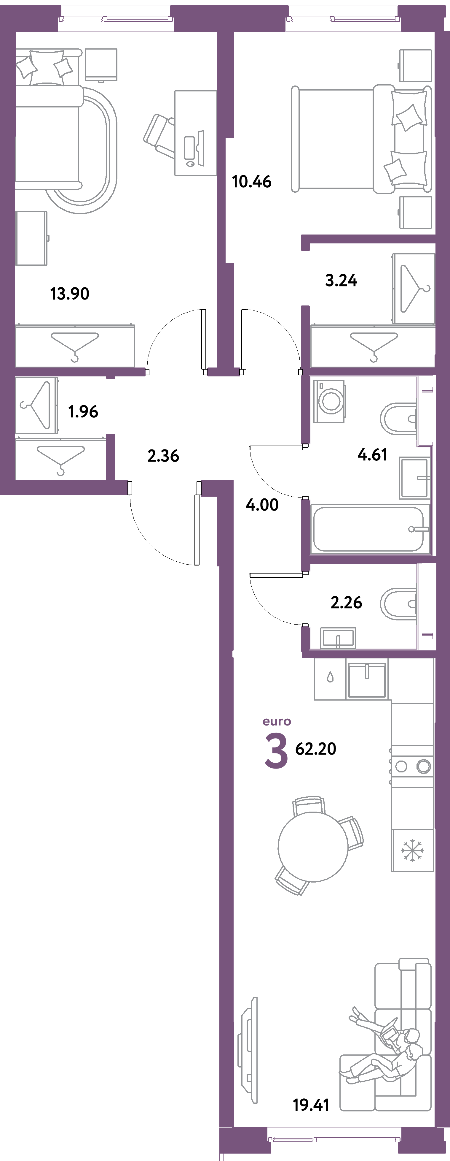 ЖК "Остров-сад"-3-комнатная 62.2 м²