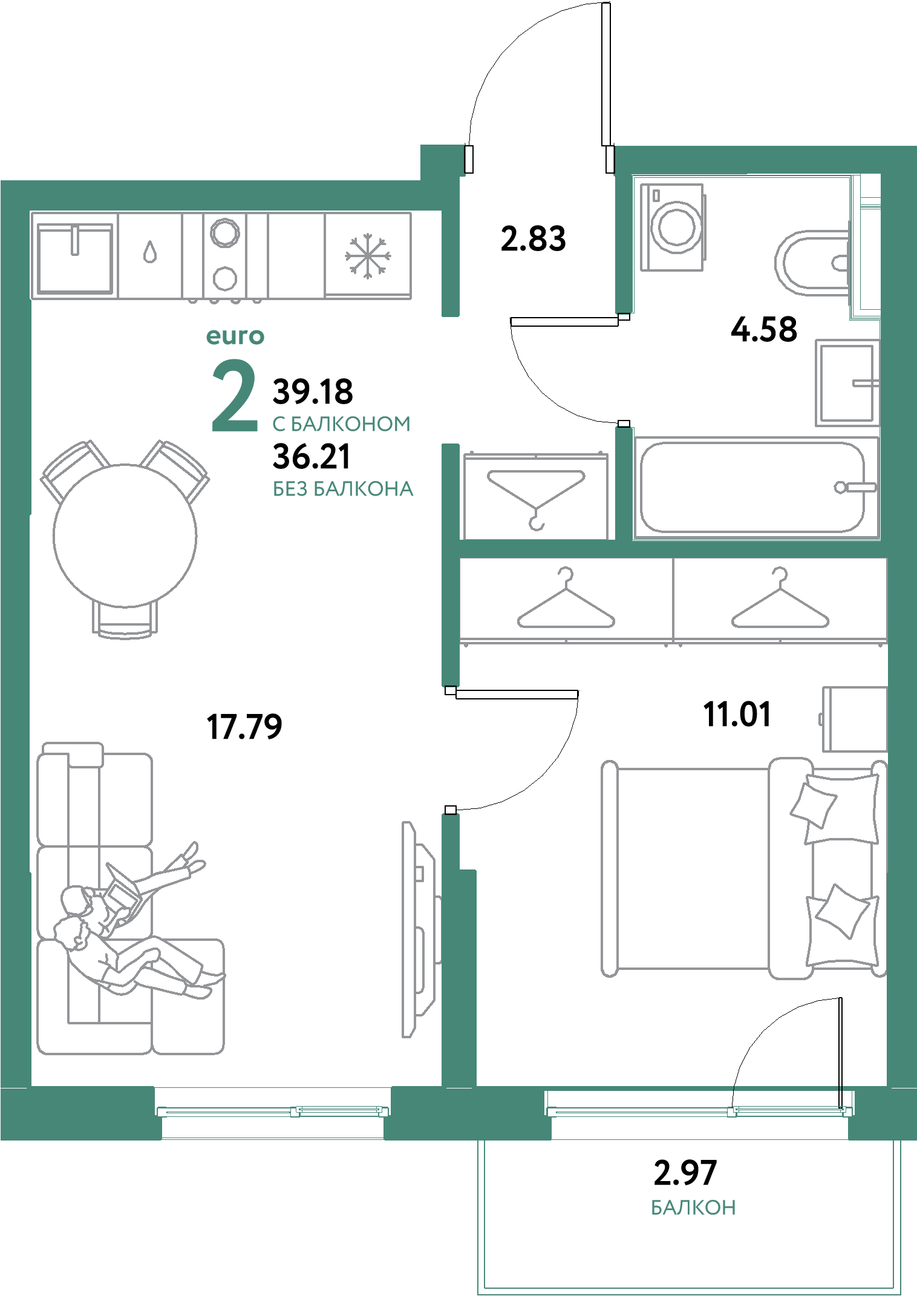 ЖК "Остров-сад"-2-комнатная 39.18 м²