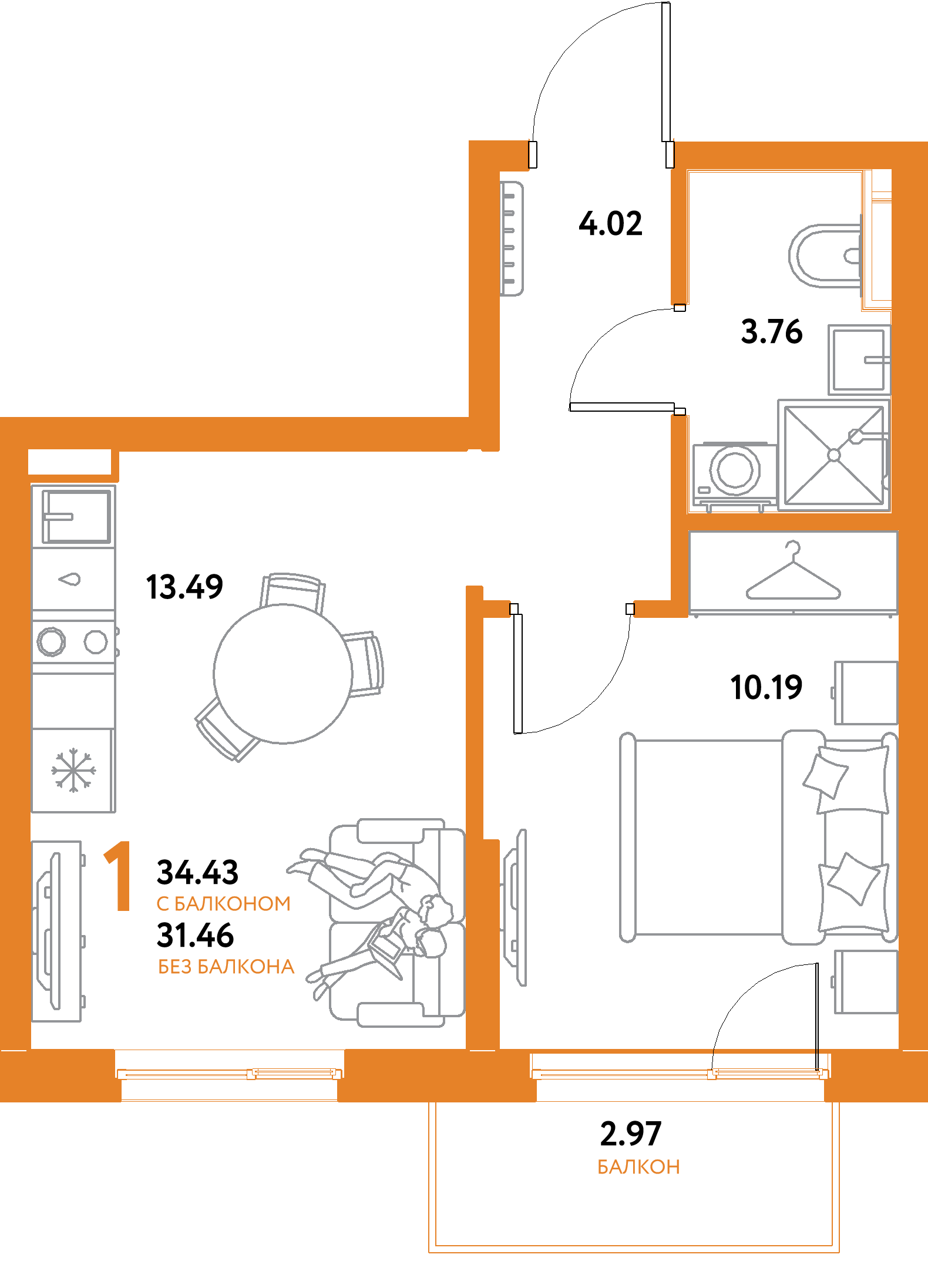 ЖК "Остров-сад"-1-комнатная 34.43 м²