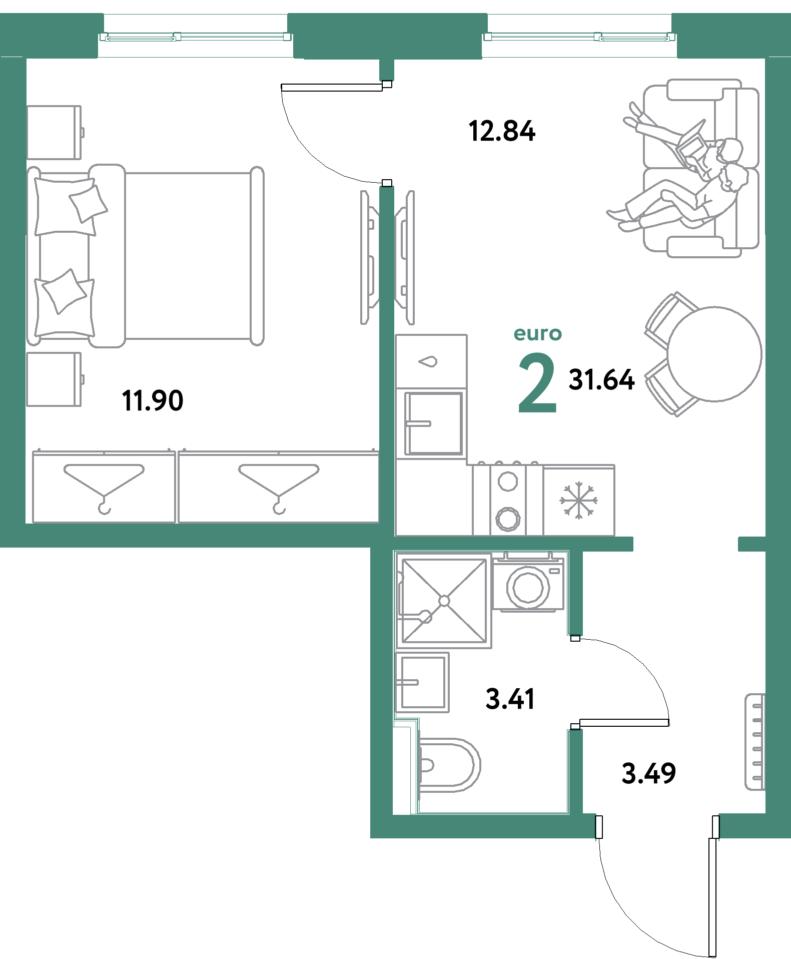 ЖК "Остров-сад"-2-комнатная 31.64 м²