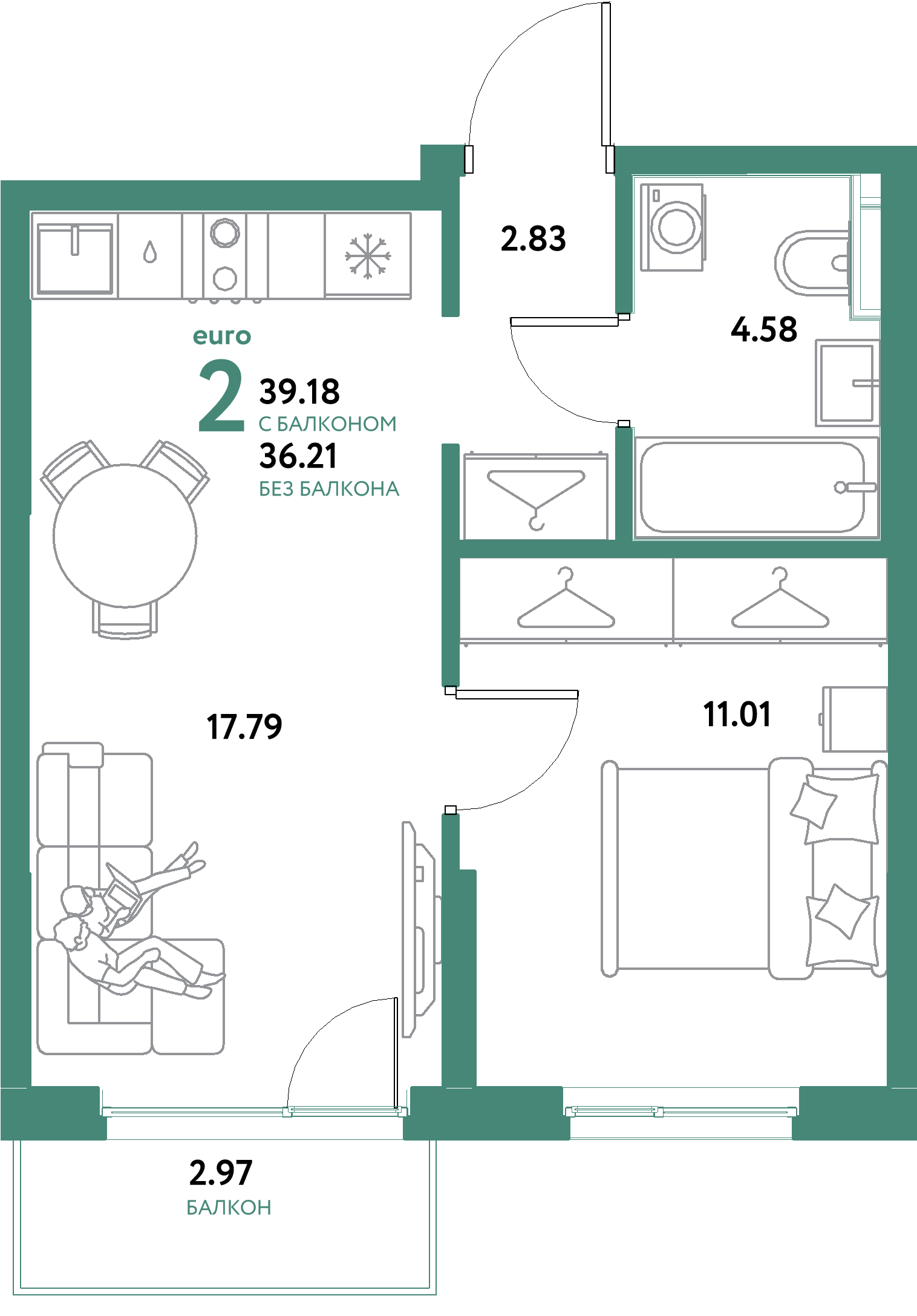 ЖК "Остров-сад"-2-комнатная 39.18 м²
