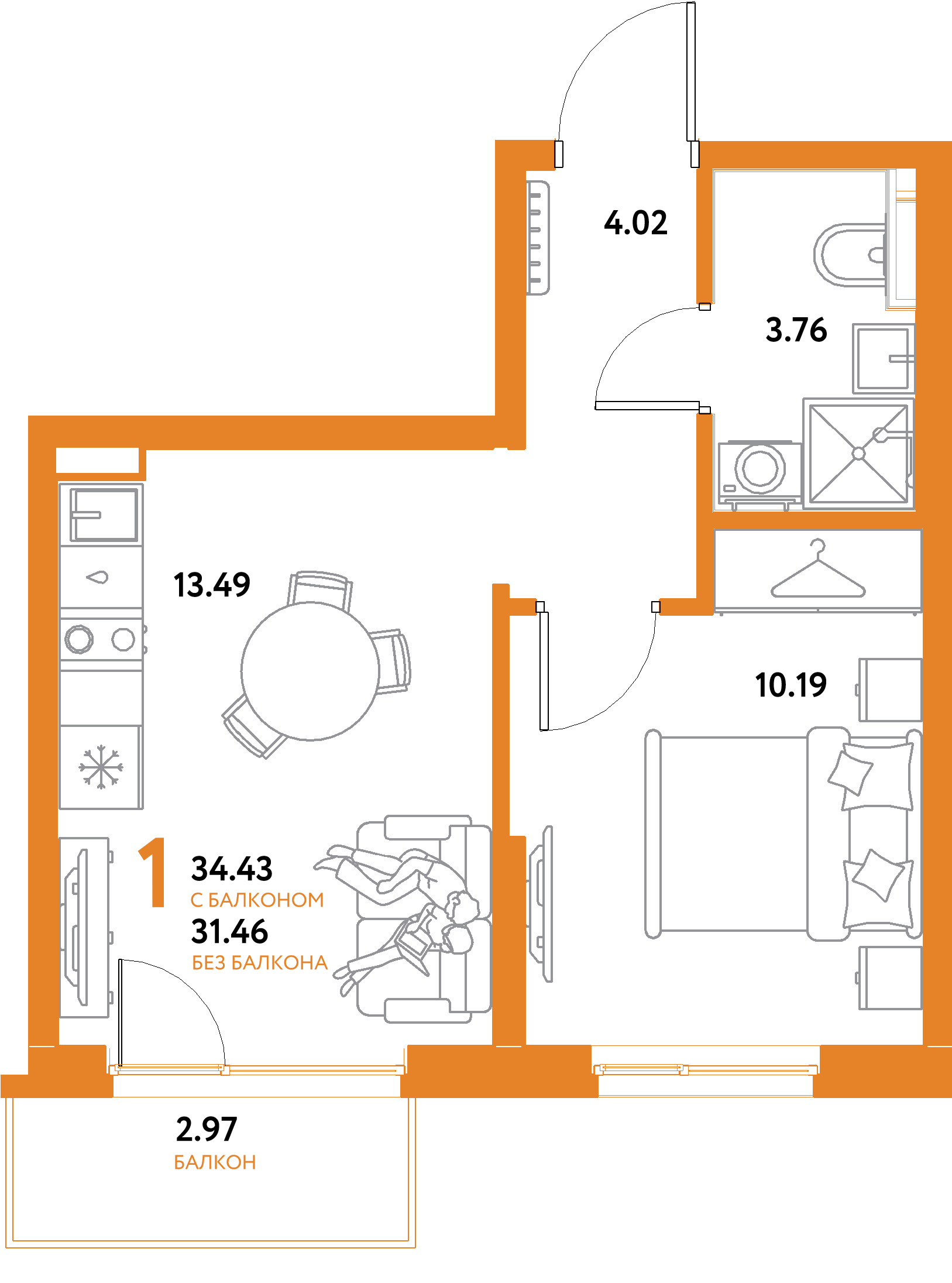 ЖК "Остров-сад"-1-комнатная 34.43 м²