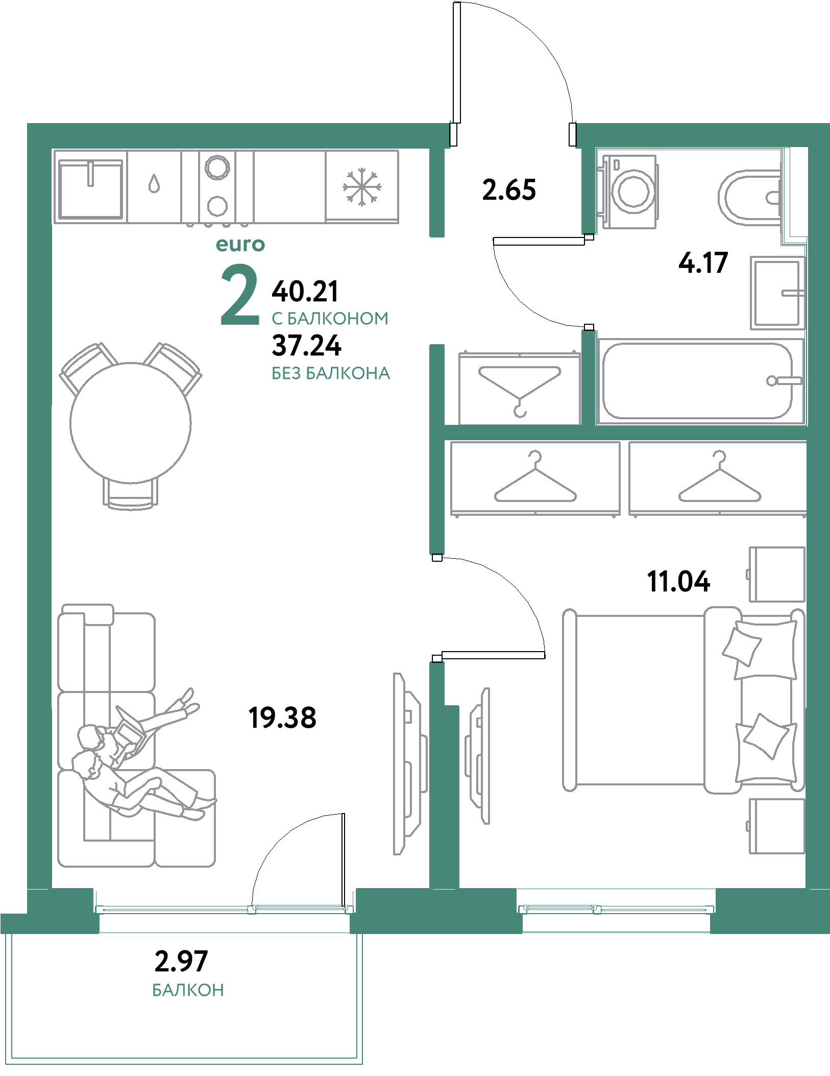 ЖК "Остров-сад"-2-комнатная 40.21 м²