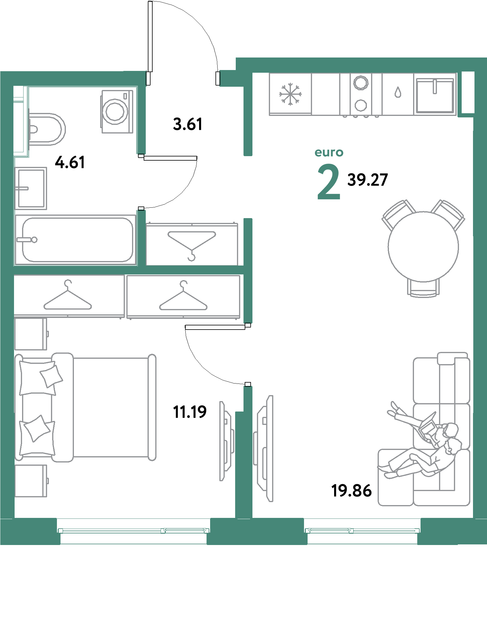 ЖК "Остров-сад"-2-комнатная 39.27 м²