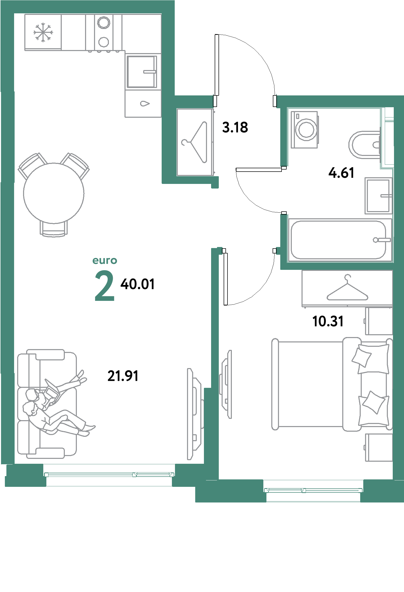 ЖК "Остров-сад"-2-комнатная 40.01 м²