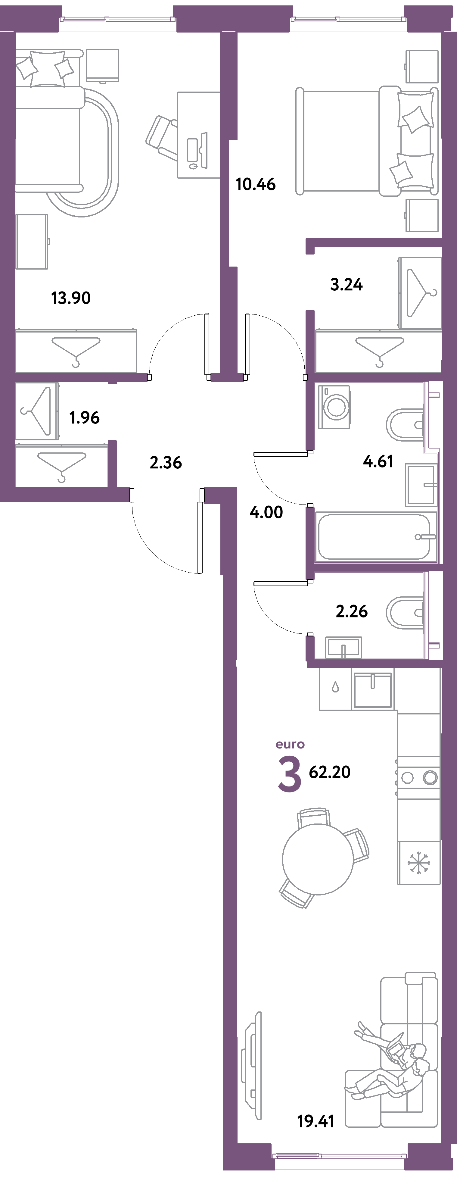 ЖК "Остров-сад"-3-комнатная 62.2 м²