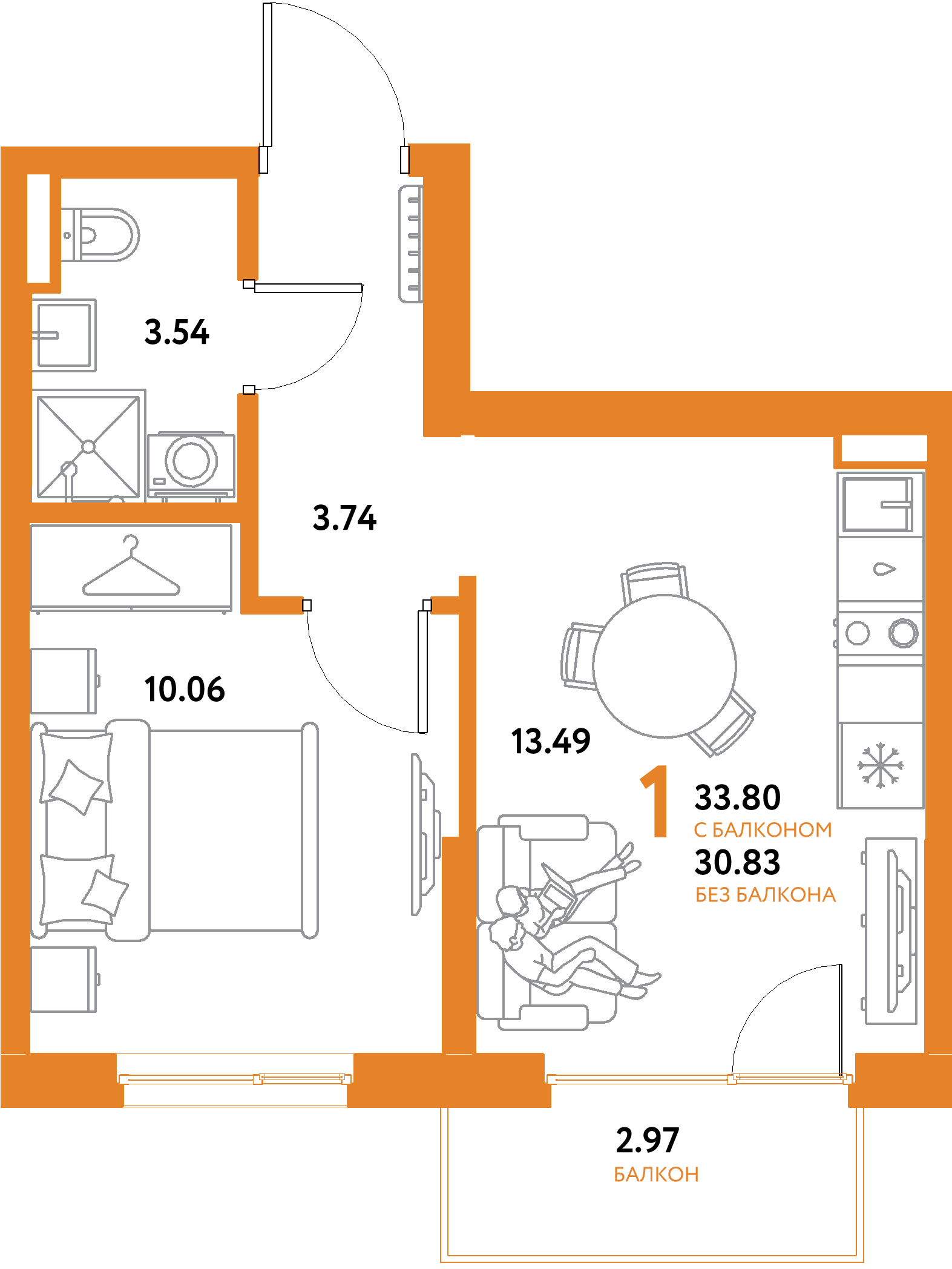 ЖК "Остров-сад"-1-комнатная 33.8 м²