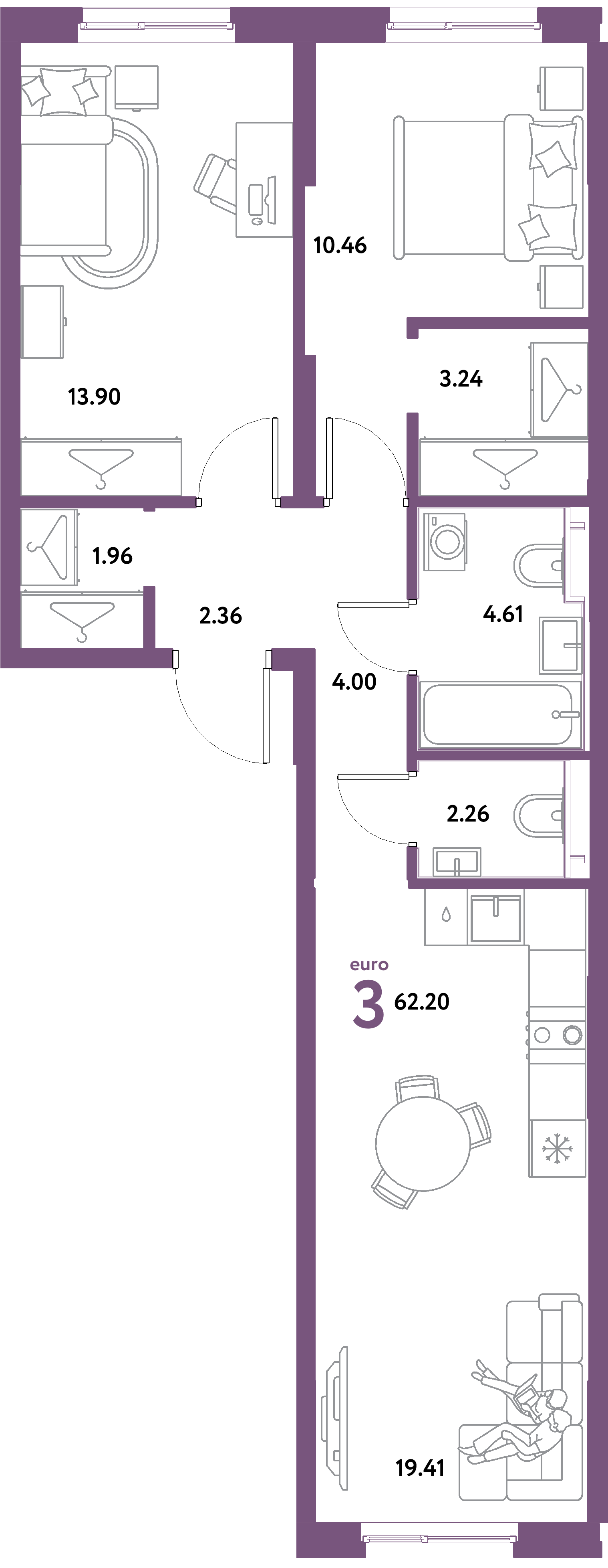 ЖК "Остров-сад"-3-комнатная 62.2 м²