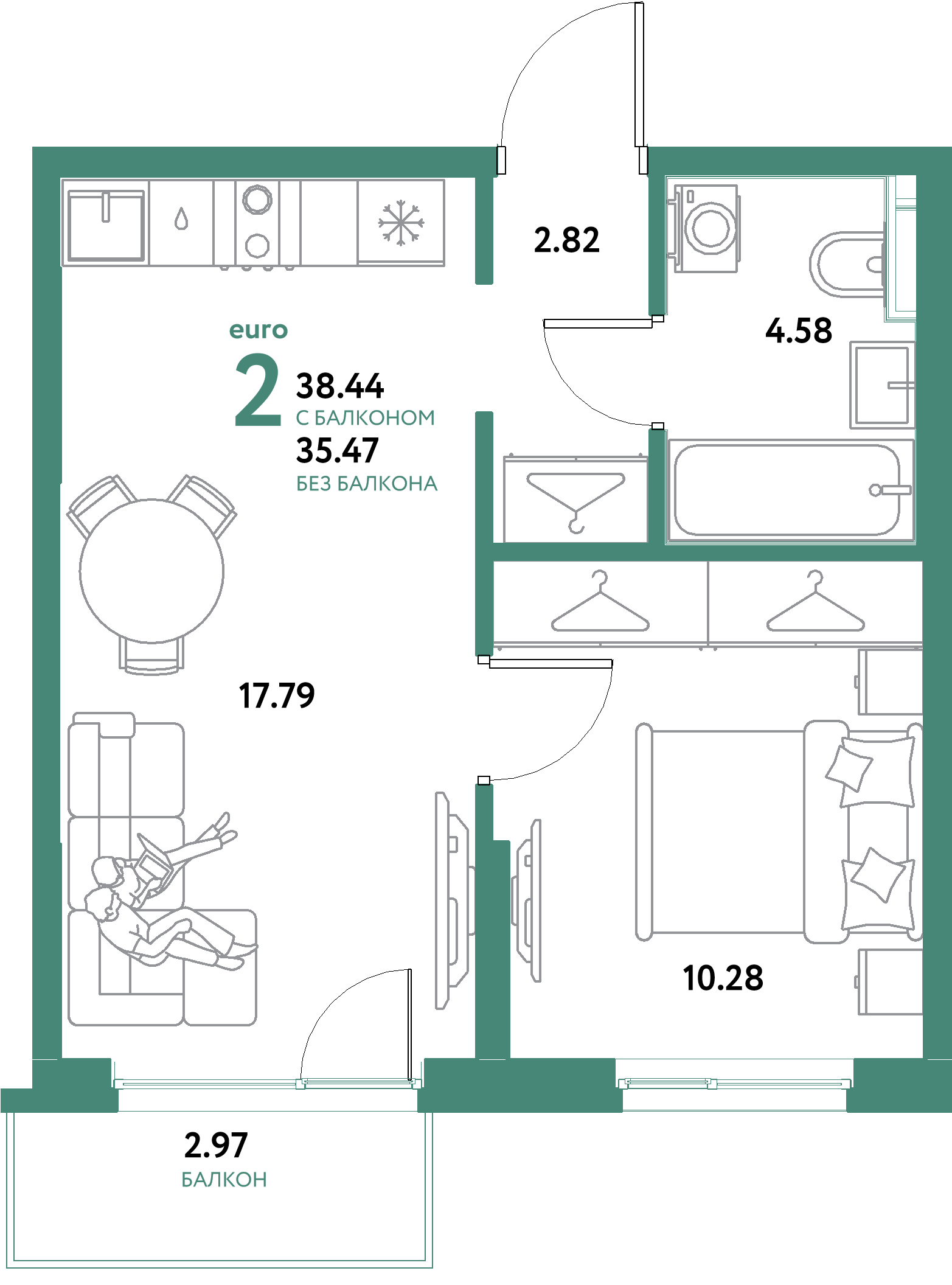 ЖК "Остров-сад"-2-комнатная 38.44 м²