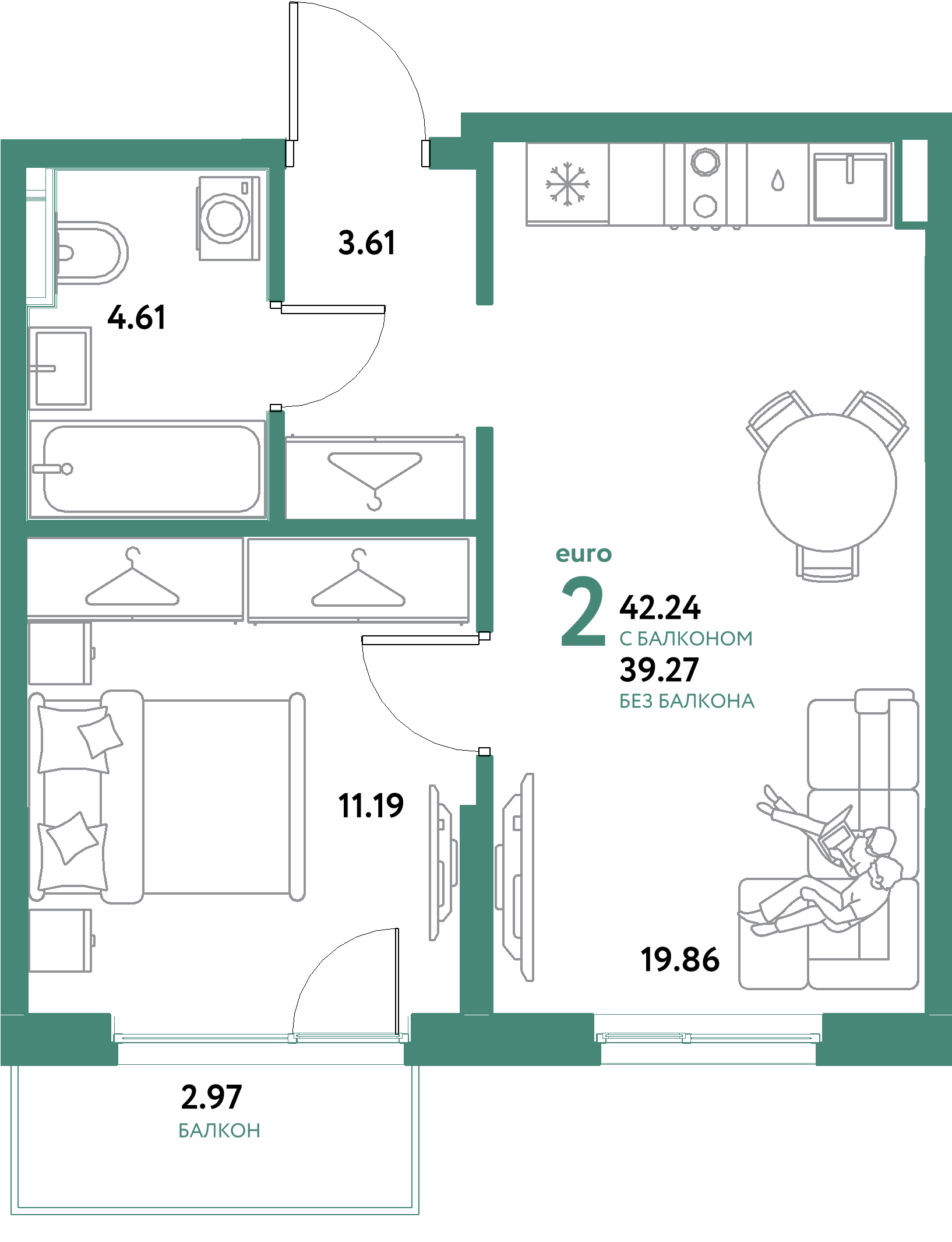 ЖК "Остров-сад"-2-комнатная 42.24 м²