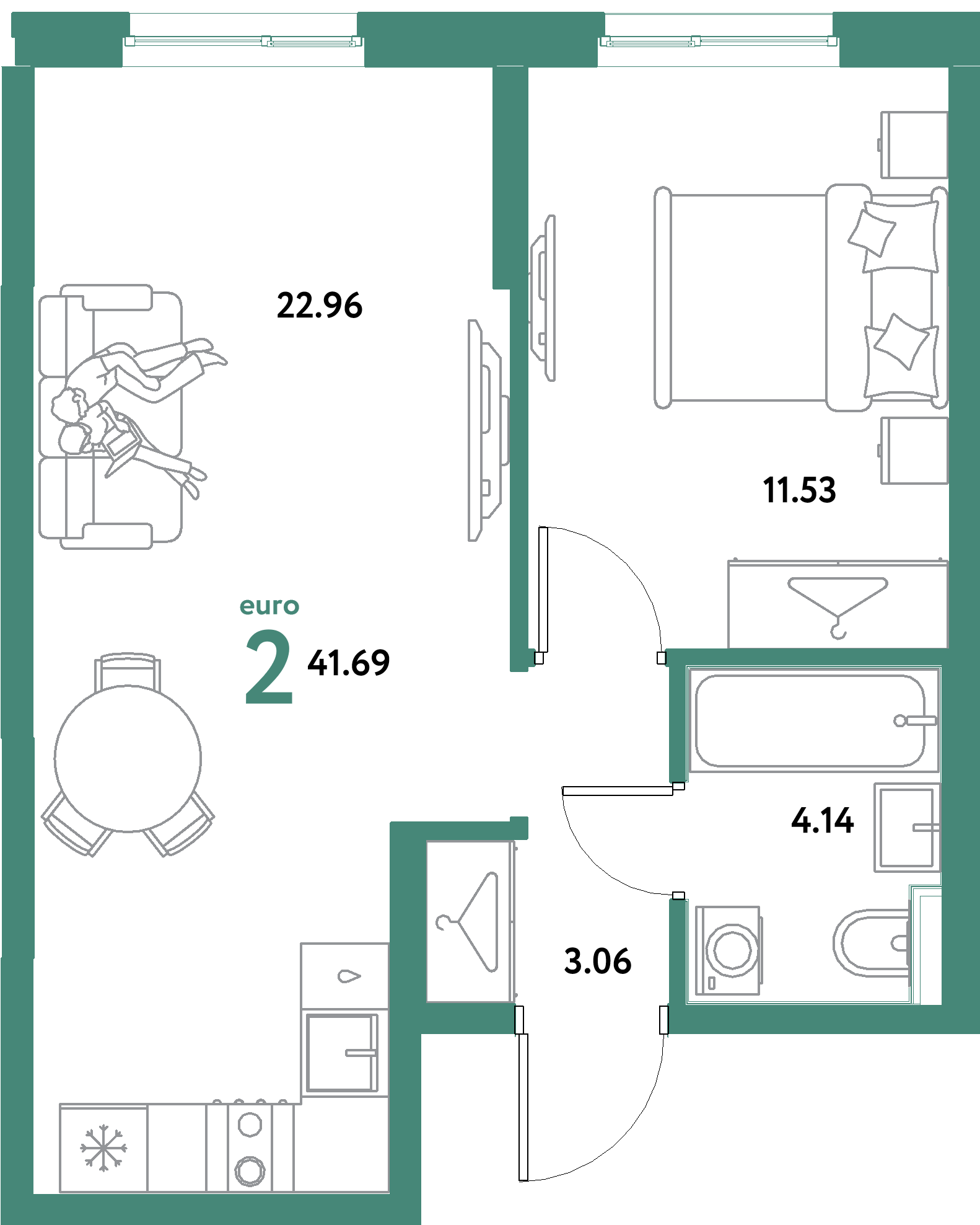 ЖК "Остров-сад"-2-комнатная 41.69 м²