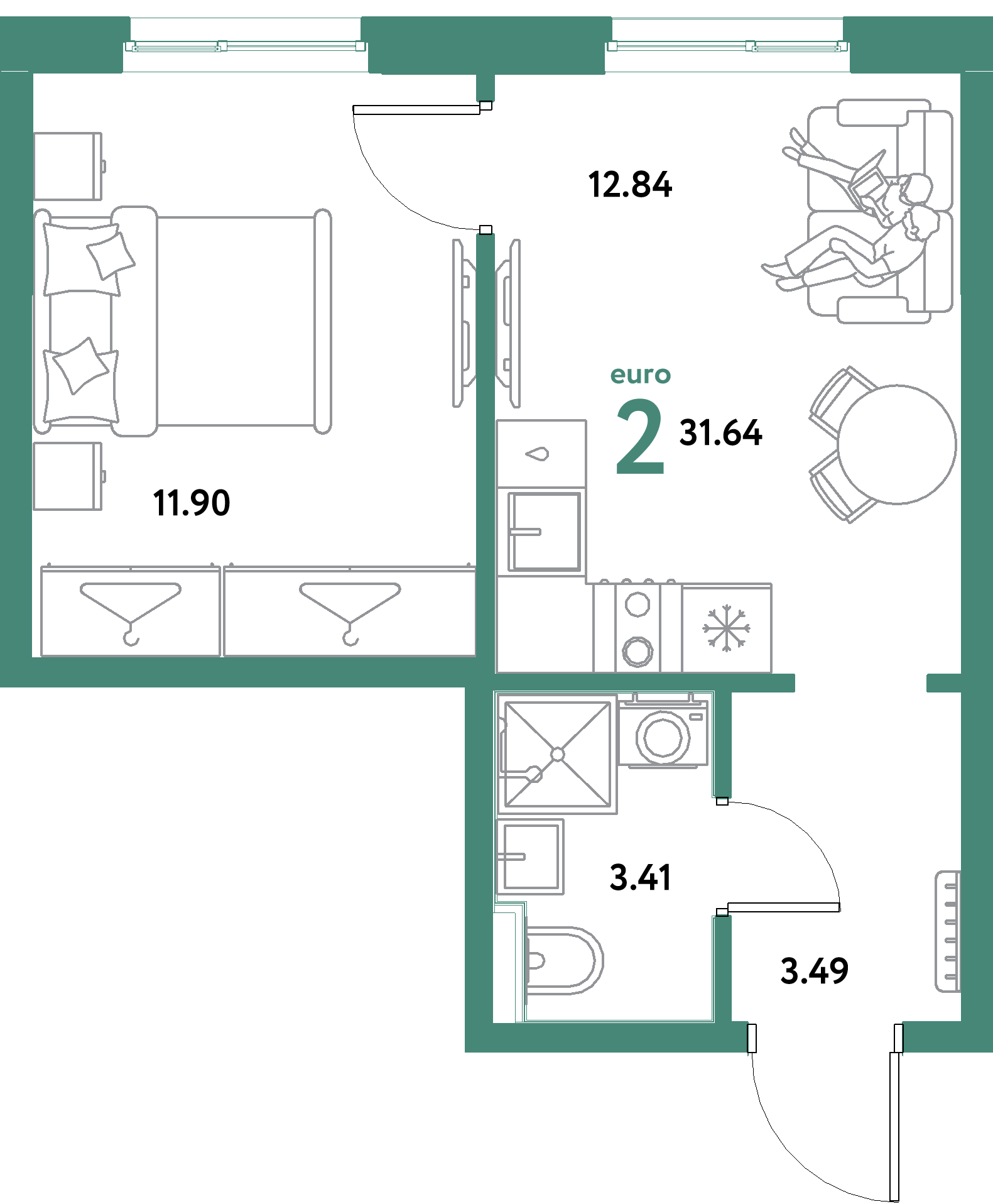 ЖК "Остров-сад"-2-комнатная 31.64 м²