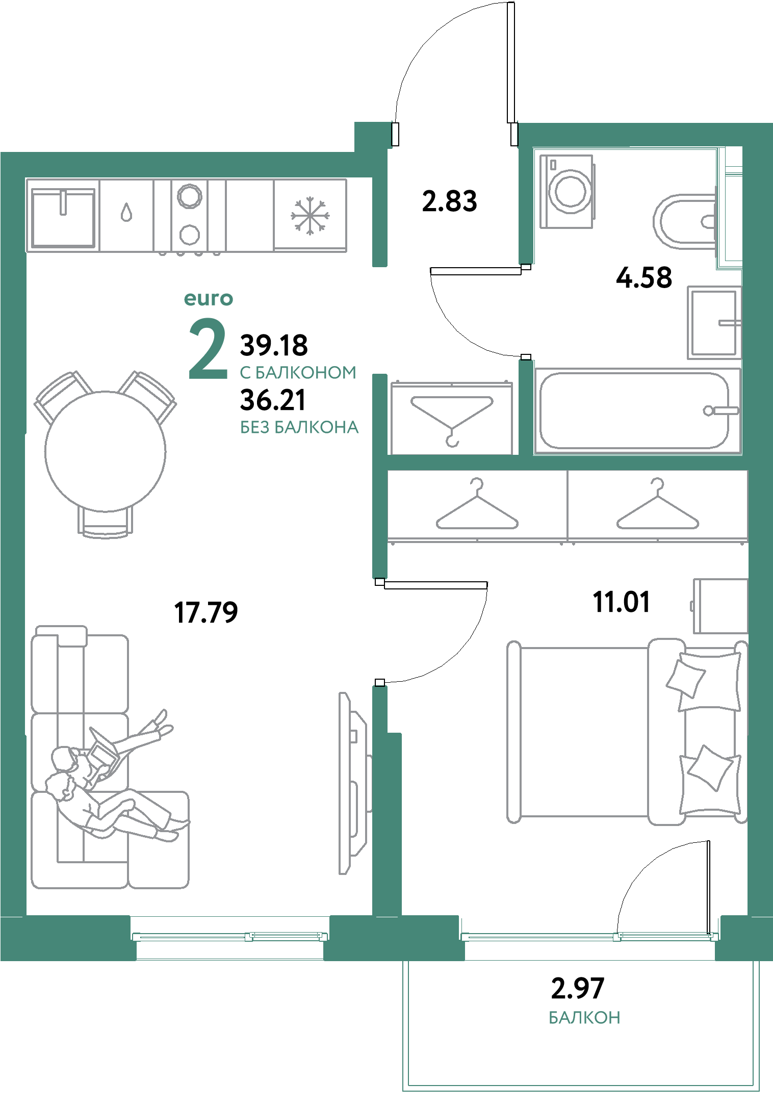 ЖК "Остров-сад"-2-комнатная 39.18 м²