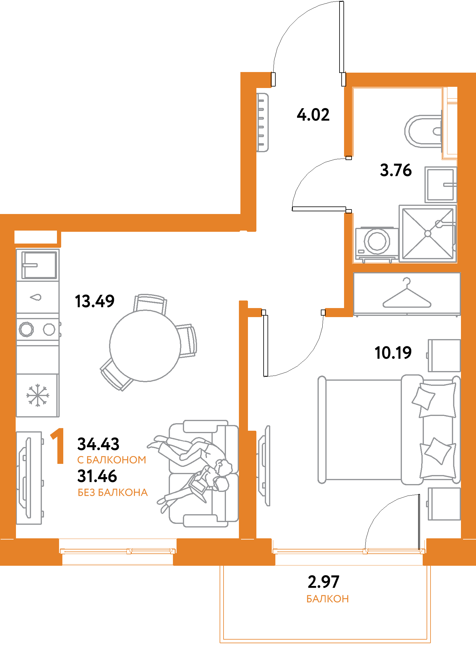 ЖК "Остров-сад"-1-комнатная 34.43 м²