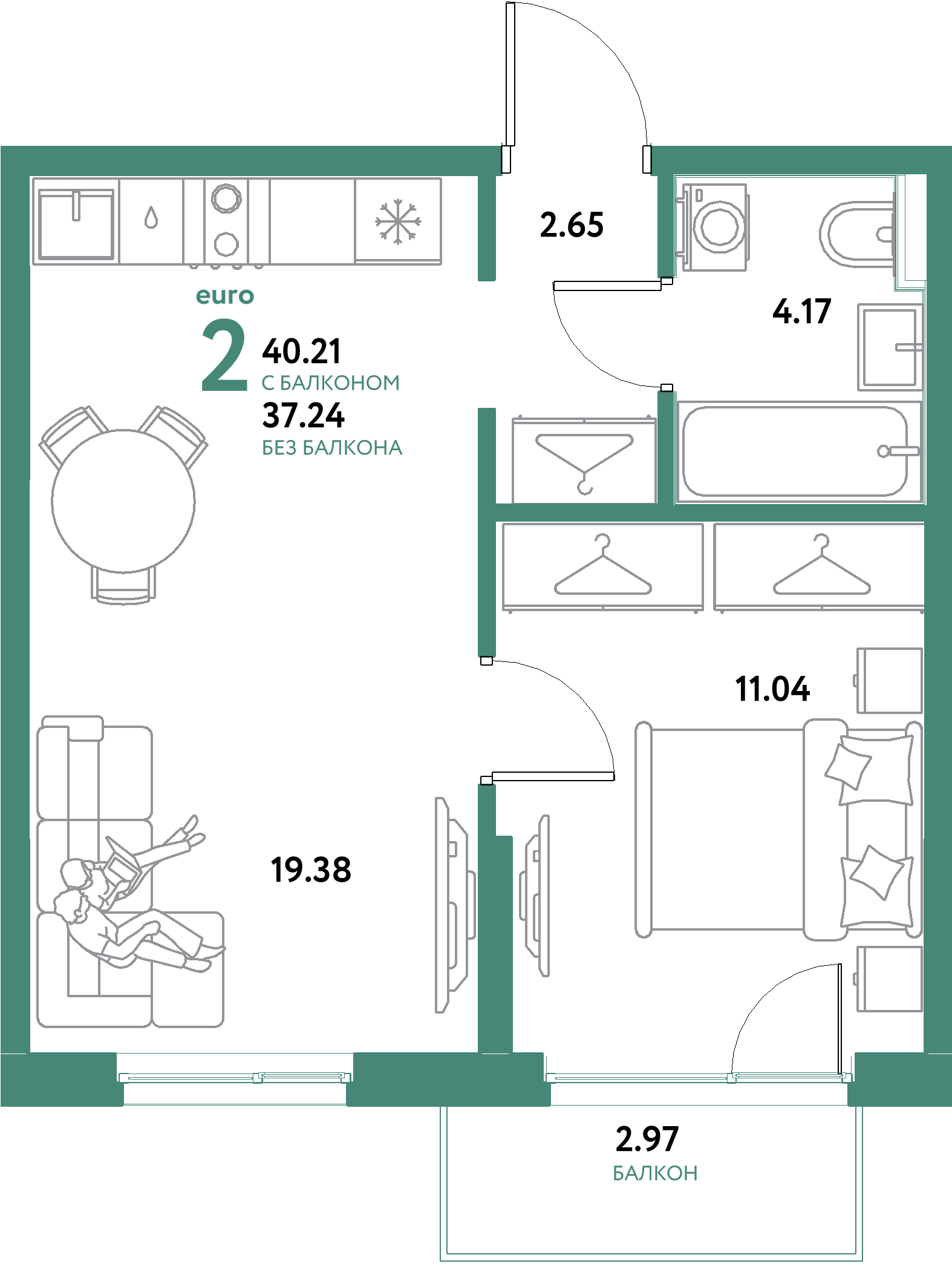 ЖК "Остров-сад"-2-комнатная 40.21 м²