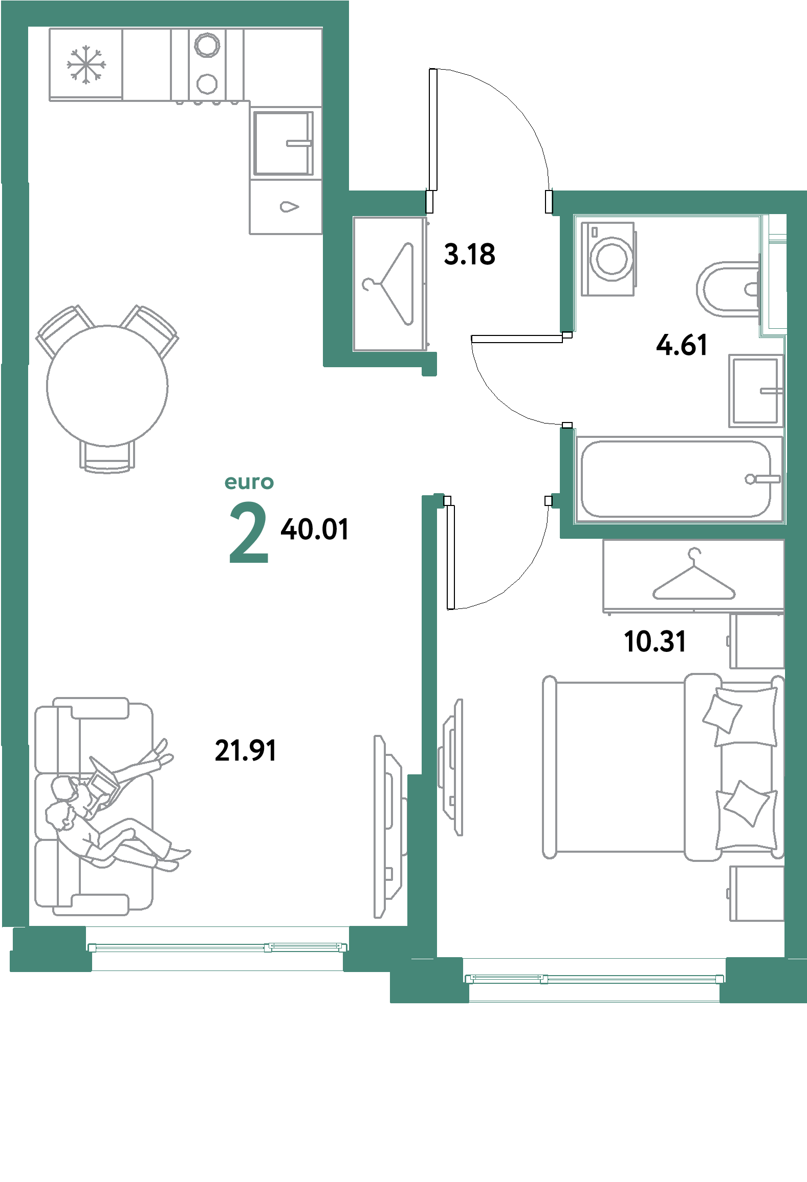 ЖК "Остров-сад"-2-комнатная 40.01 м²