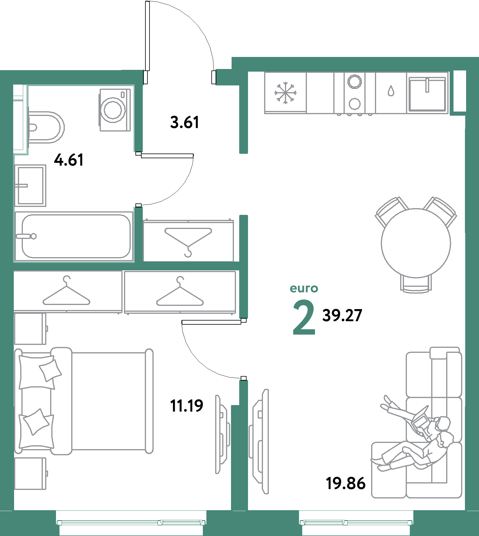 ЖК "Остров-сад"-2-комнатная 39.27 м²