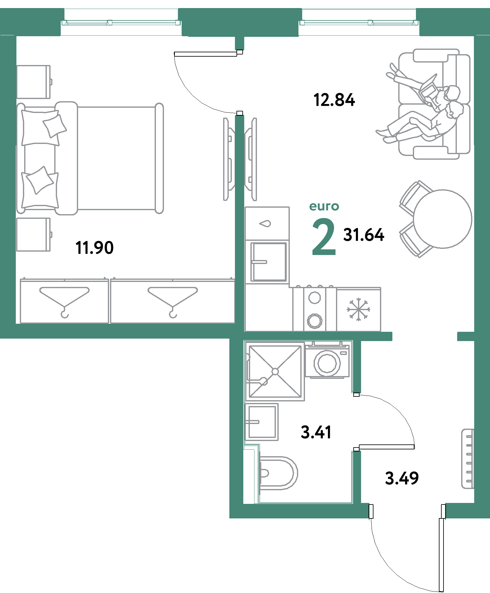 ЖК "Остров-сад"-2-комнатная 31.64 м²