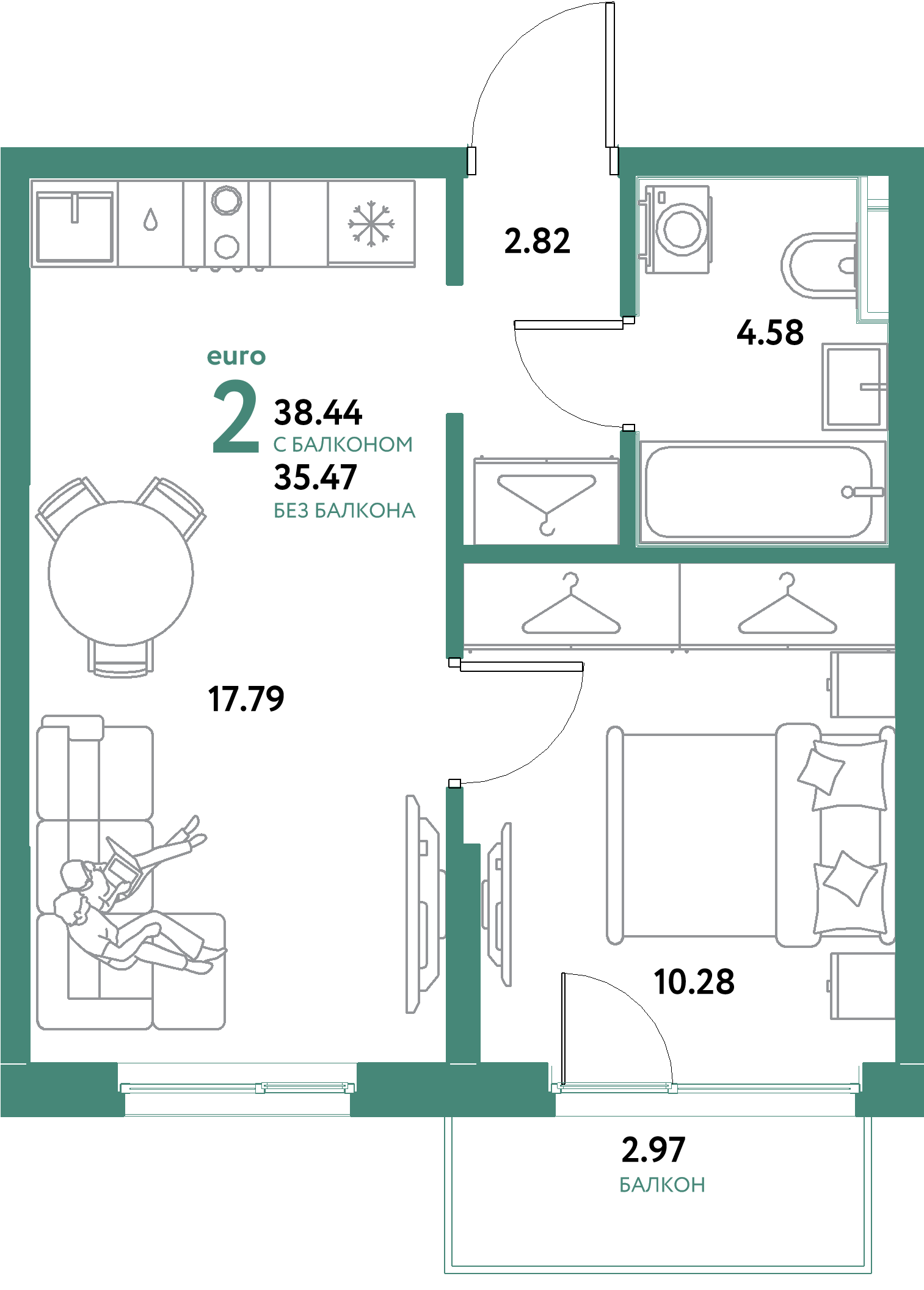 ЖК "Остров-сад"-2-комнатная 38.44 м²