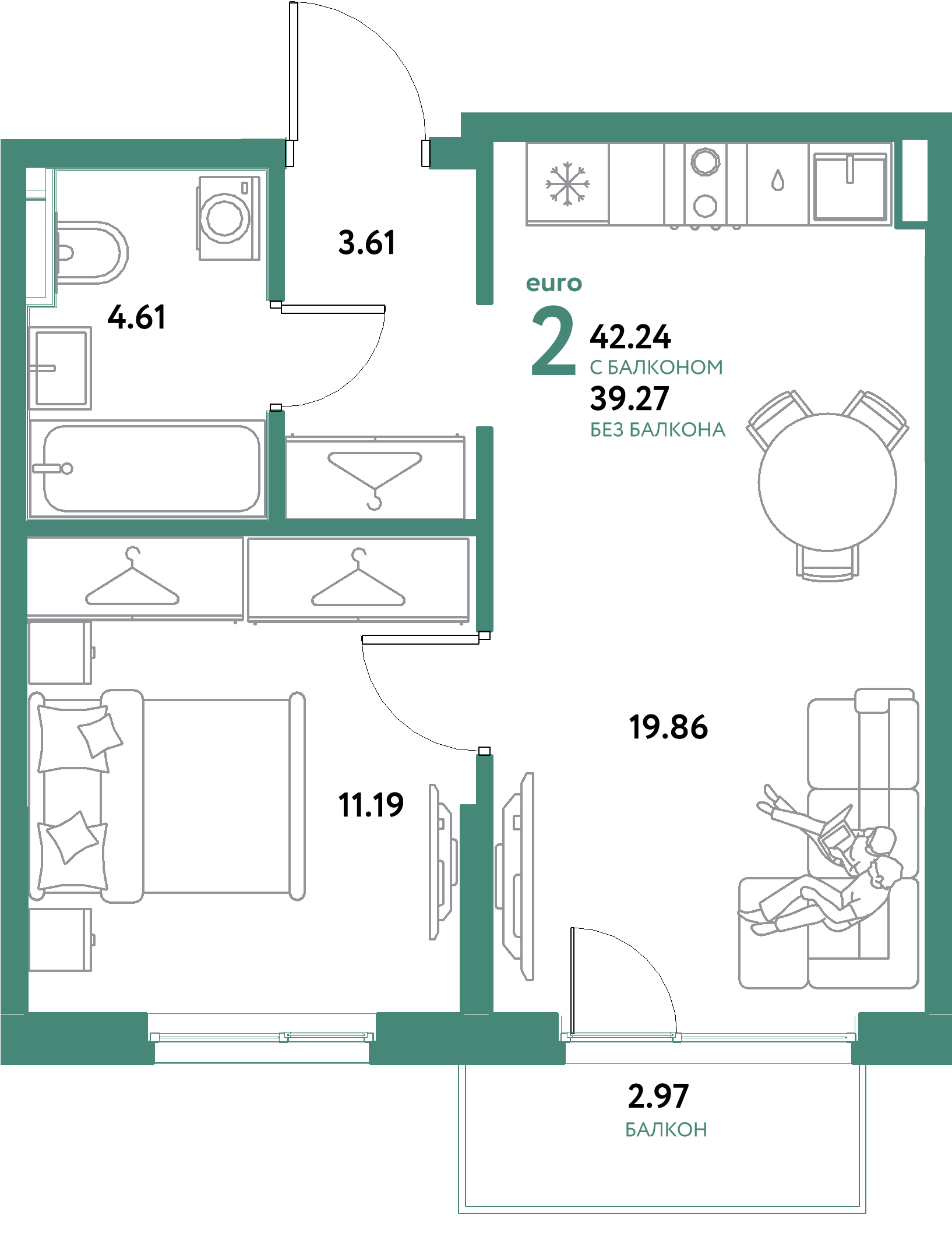 ЖК "Остров-сад"-2-комнатная 42.24 м²