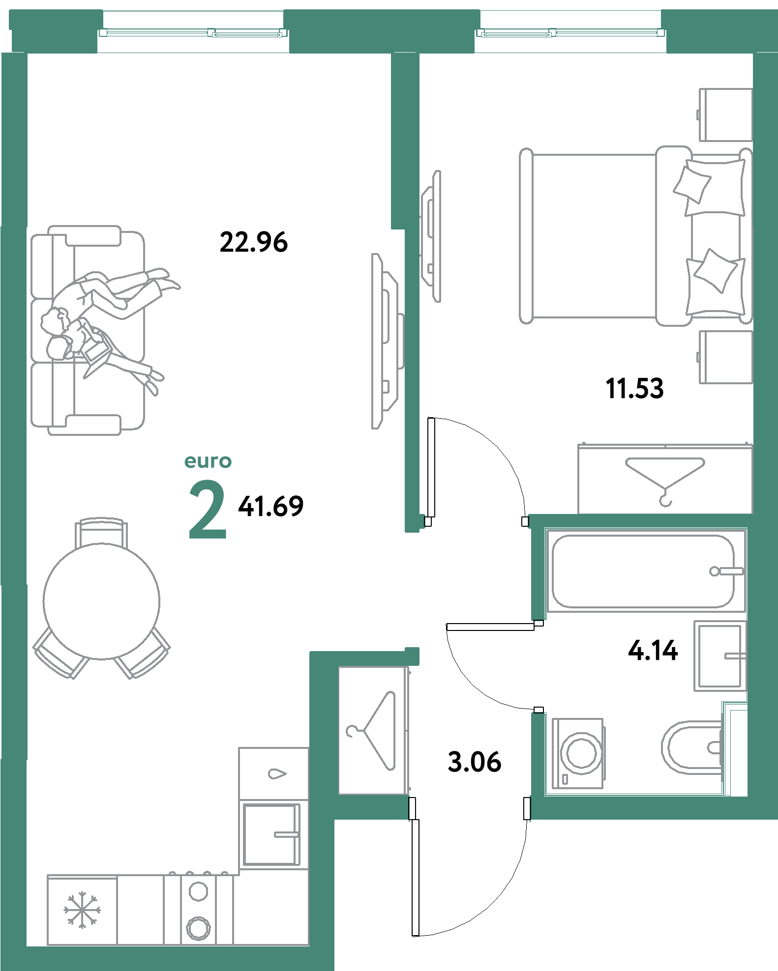 ЖК "Остров-сад"-2-комнатная 41.69 м²