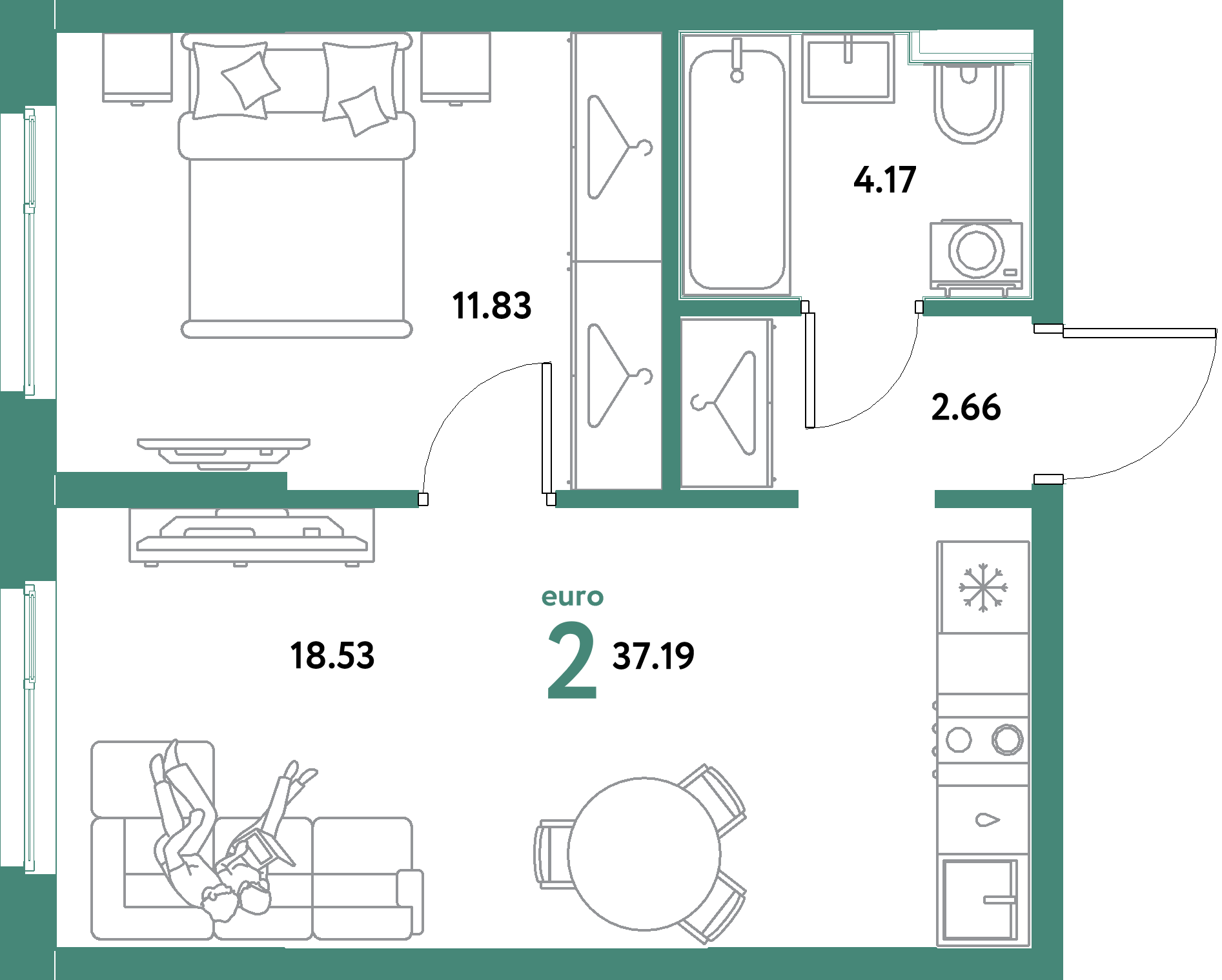 ЖК "Остров-сад"-2-комнатная 37.19 м²