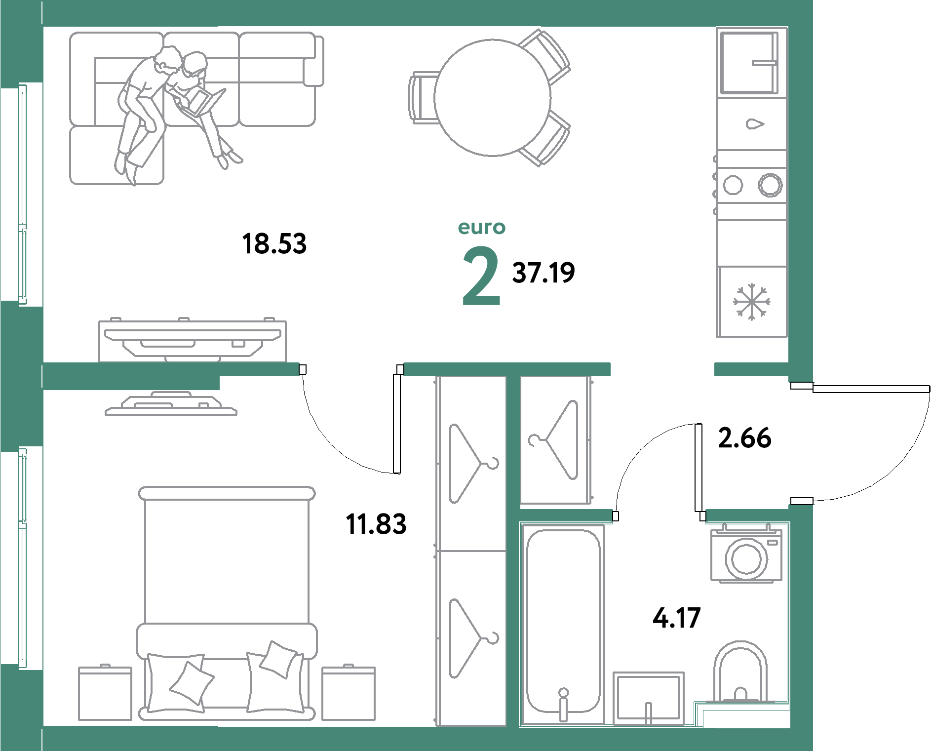 ЖК "Остров-сад"-2-комнатная 37.19 м²