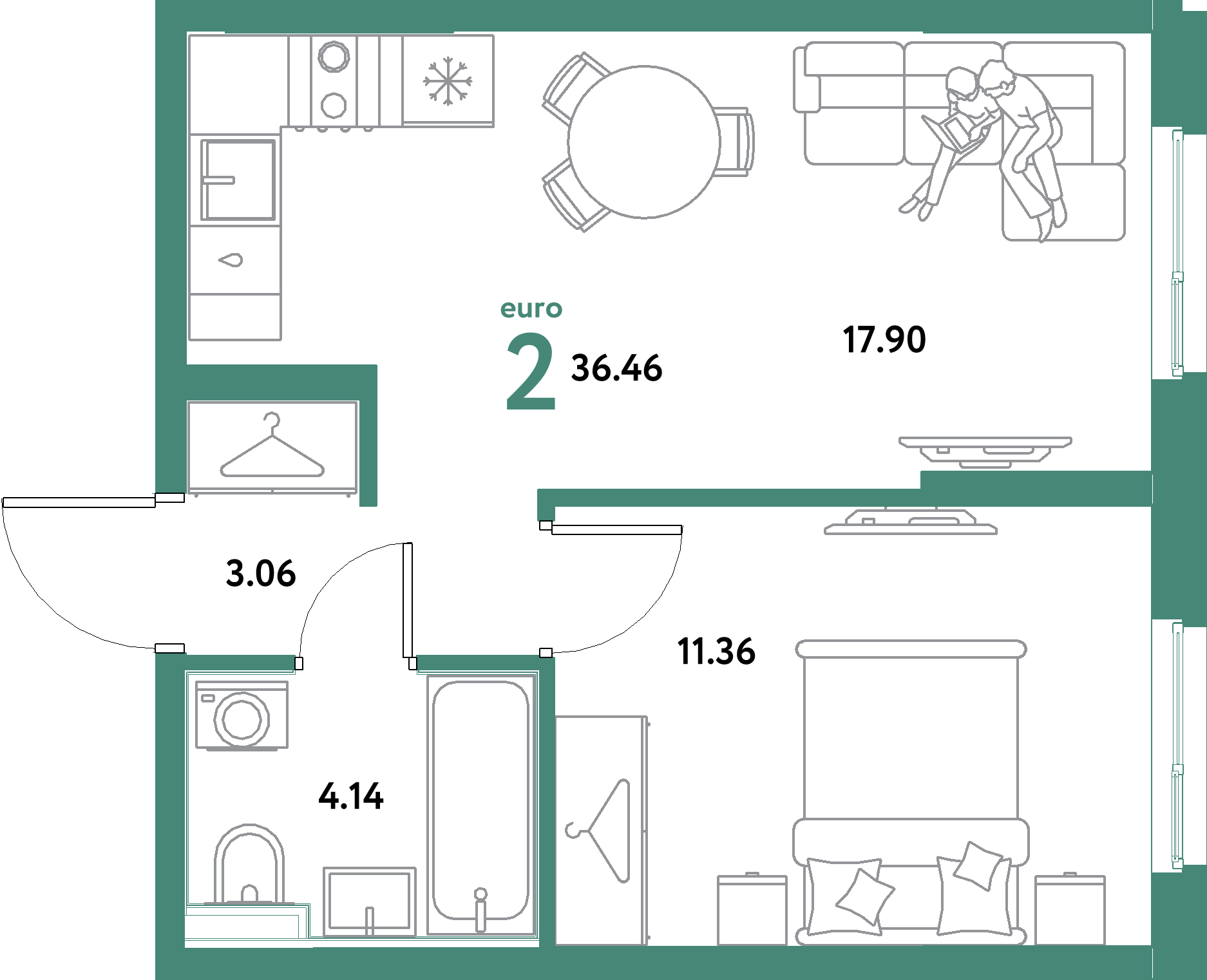 ЖК "Остров-сад"-2-комнатная 36.46 м²