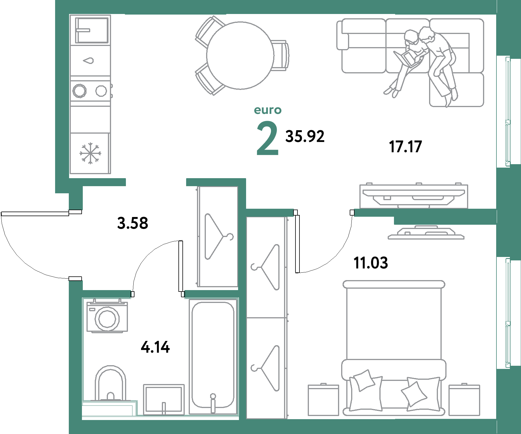 ЖК "Остров-сад"-2-комнатная 35.92 м²