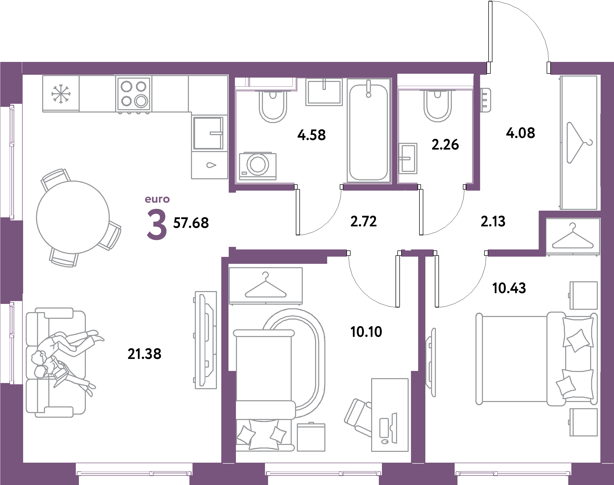 ЖК "Остров-сад"-3-комнатная 57.68 м²