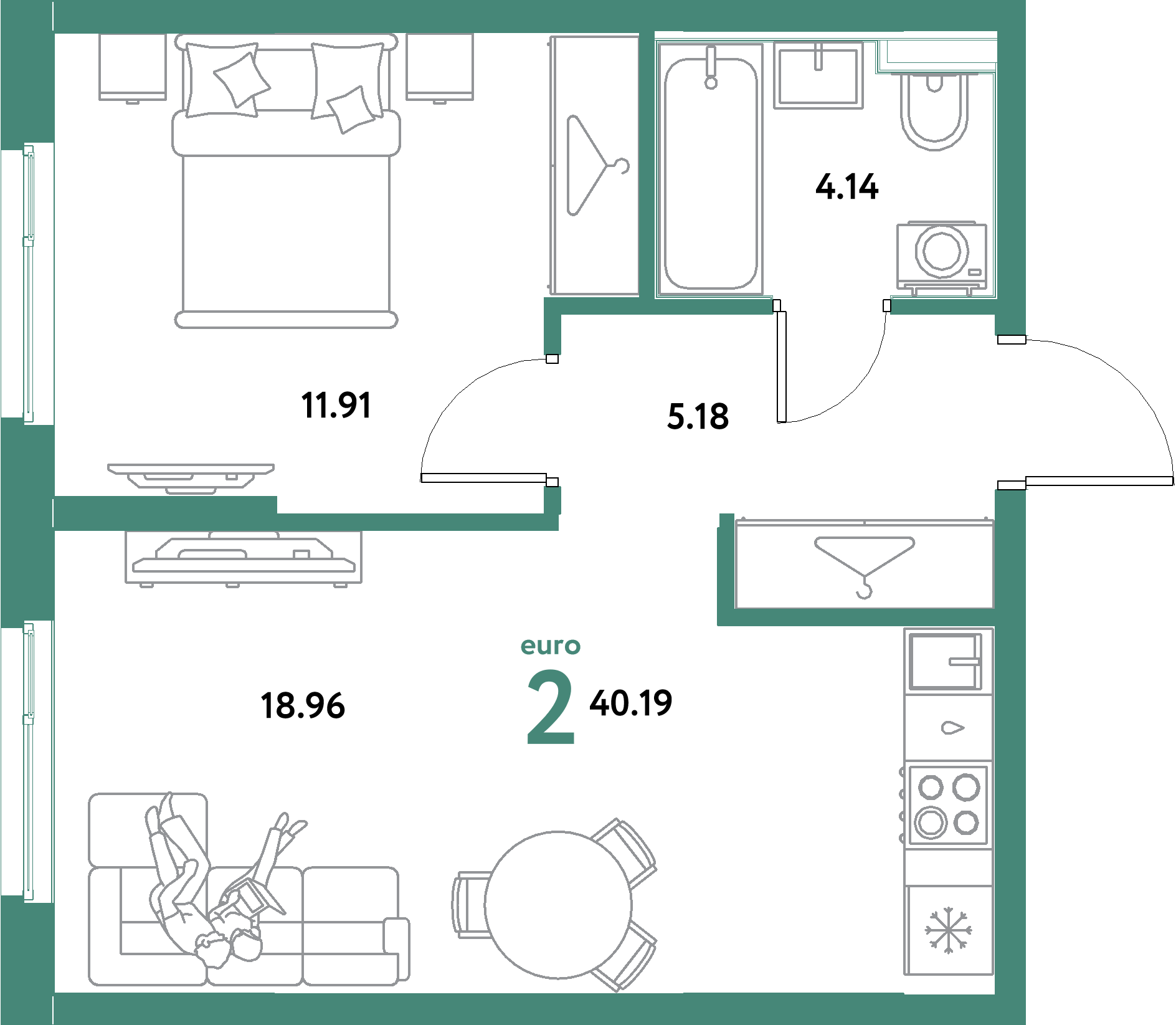 ЖК "Остров-сад"-2-комнатная 40.19 м²