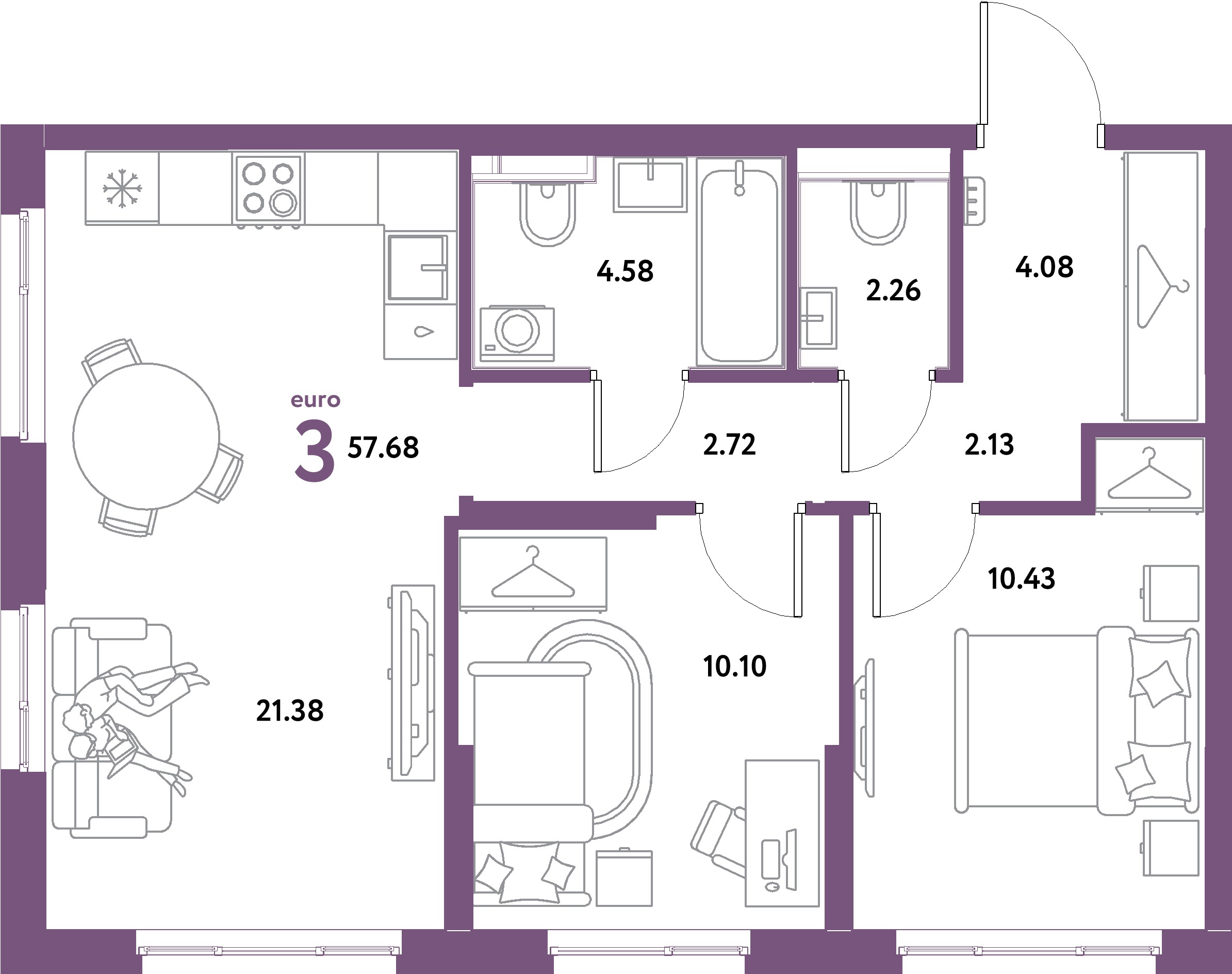 ЖК "Остров-сад"-3-комнатная 57.68 м²